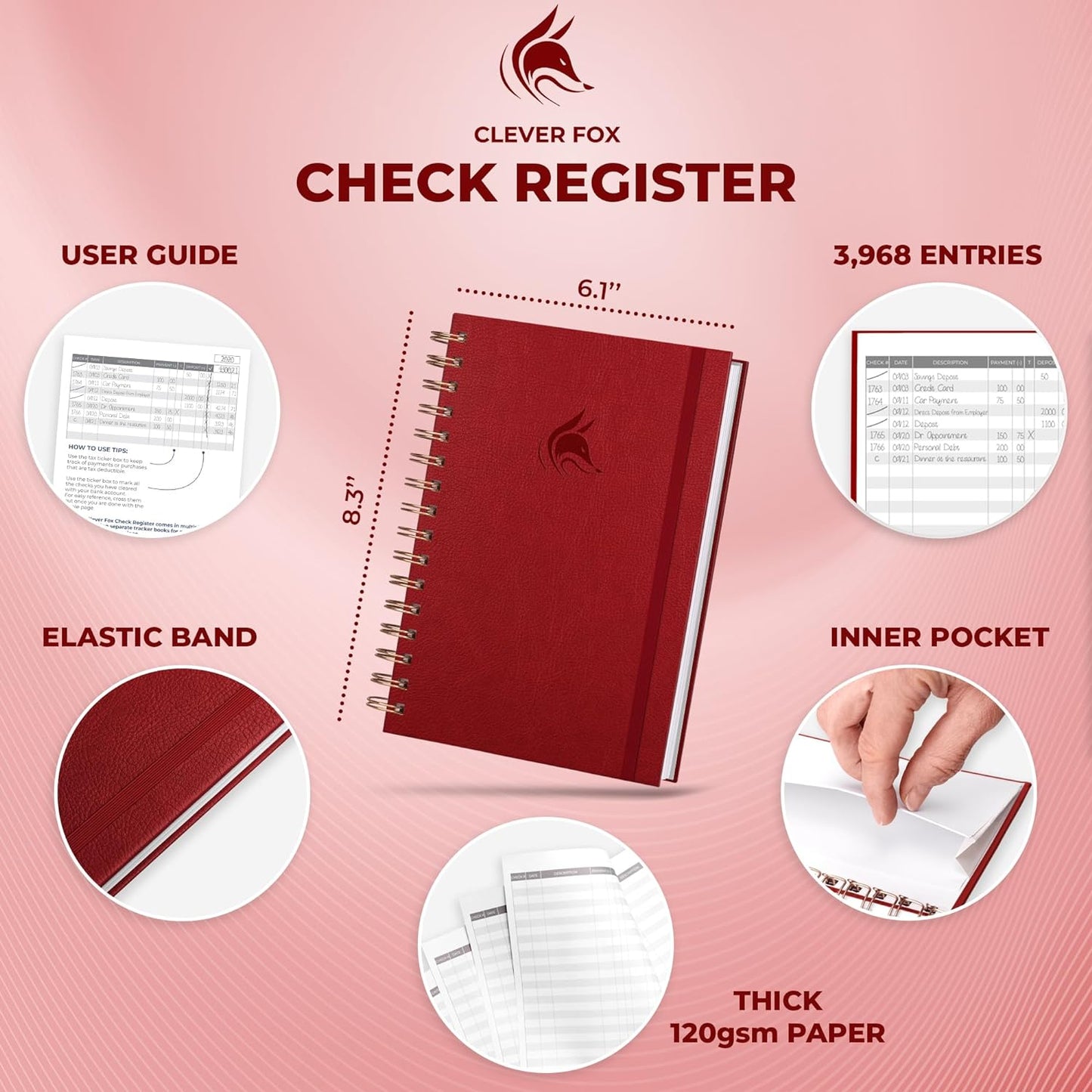Clever Fox Check Register for Personal Checkbook – Checking Book Register – Checkbook Register – Accounting Ledger Book – 3968 Entry Lines, 6.1" x 8.3", Spiral Binding, Hardcover, Red
