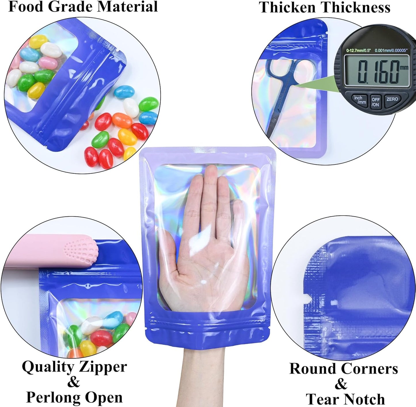 Resealable Mylar Pouch Pen Bags Great for Office Home Party Favor Food Storage Cookies Sample Jewelry Snack (100PCS, Purple and Blue Color, 4.7 x 8 inch)