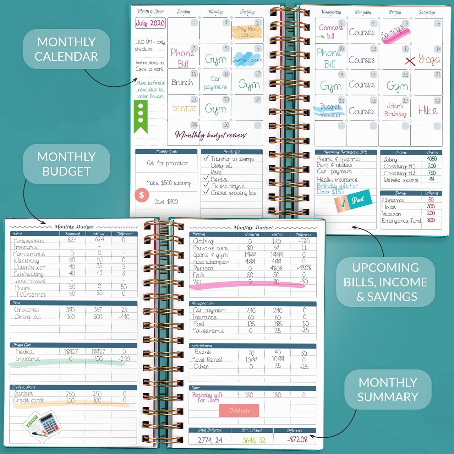 GoGirl Budget Planner & Monthly Bill Organizer – Monthly Financial Book with Pockets. Expense Tracker Notebook Journal, Compact (Turquoise)