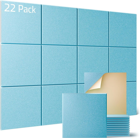 Sonicism 22 Pack Acoustic Wall Panels with Self-Adhesive, 12" X 12" X 0.4" Sound Proof Foam Panels, Decorative Soundproof Wall Panels, Sound Proof Absorbing Tiles for Home & Offices, Light Blue