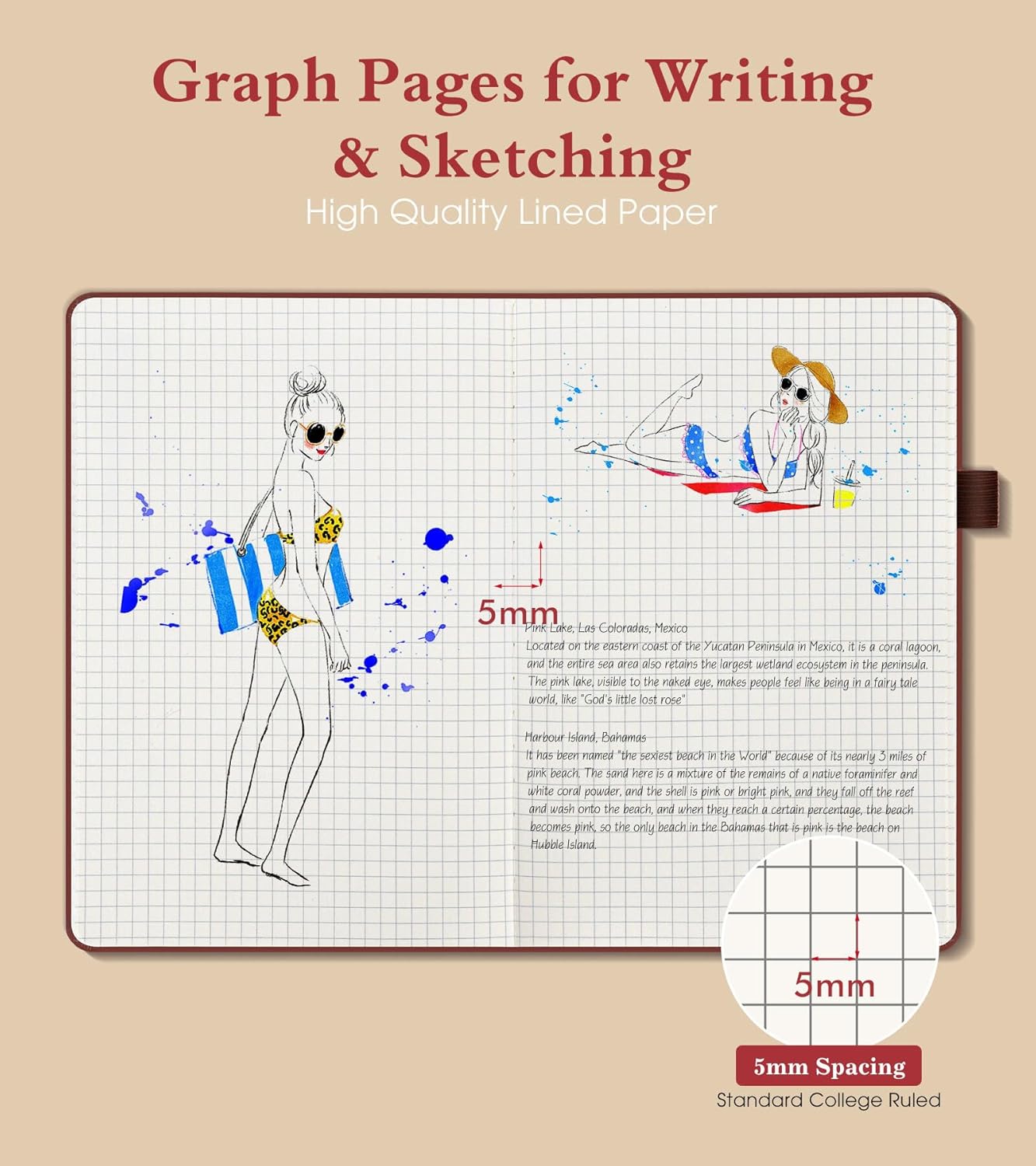 Graph Notebook for Women Men, 160 Pages Grid Paper, Graphing Notebooks for School, Work, Quad Ruled, Inner Pocket, A5 Hardcover Vintage Leather Journals for Writing, 5.8"x8.5" (Brown)