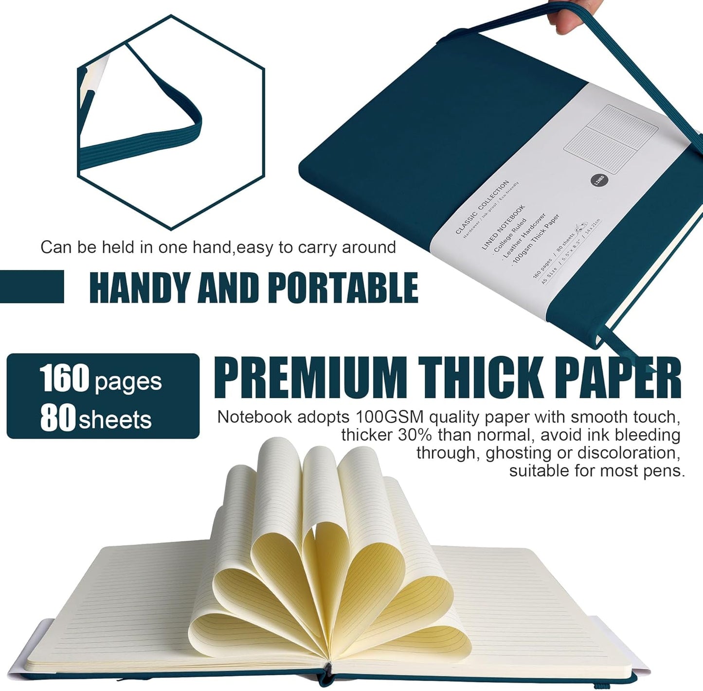 Lined Journal Notebook, 6Pack(Turquoise), 160 Pages, Medium 5.7 inches x 8 inches - 100 gsm Thick Paper, Hardcover