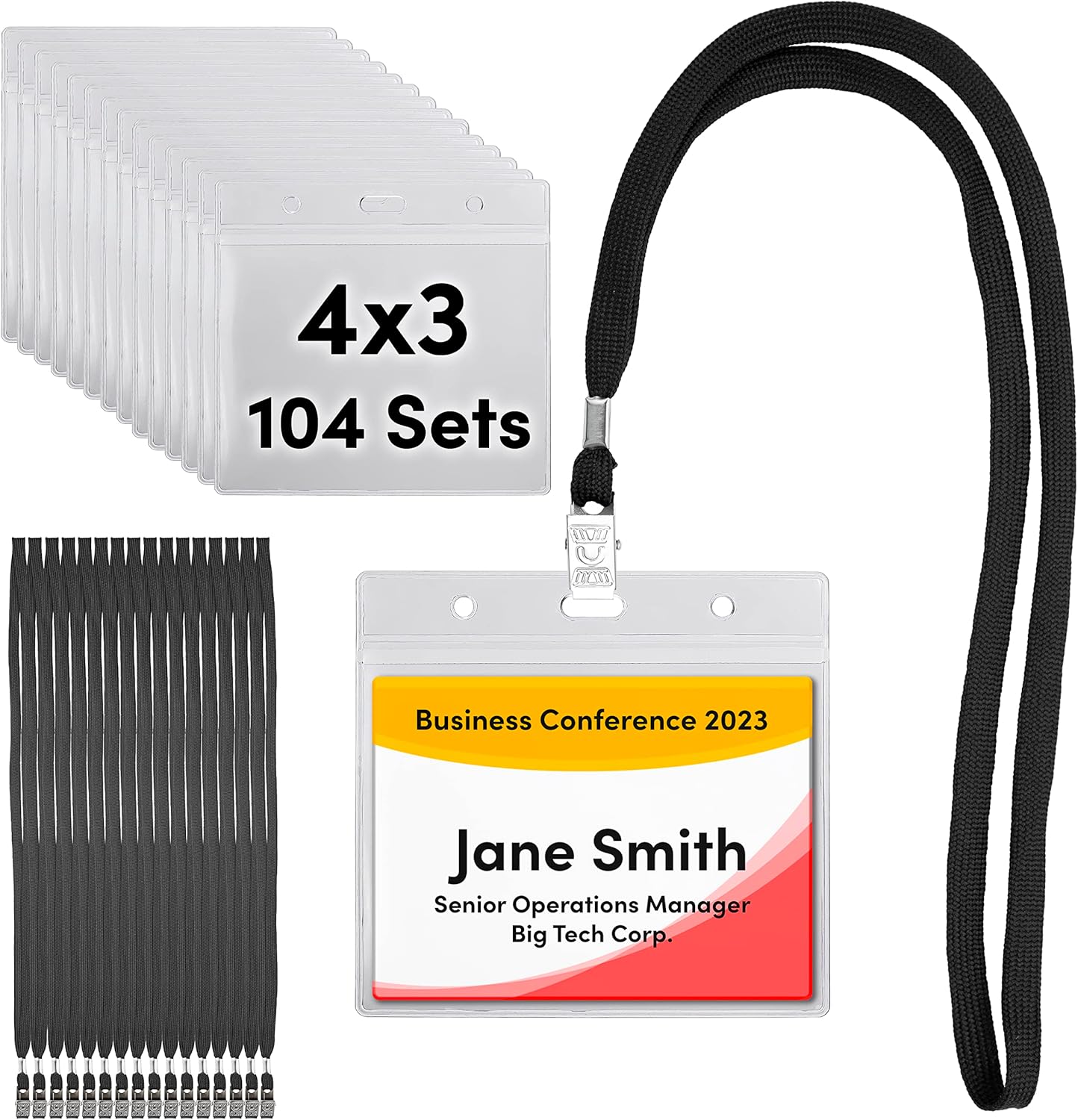 SEE-IT! 104 & 52 Qty Sets Badge Holders with Lanyards Name Tag Holders and Lanyards 4x3 Size Quick Load No Zipper Name Tag Badge id Holder Clear Plastic (104)