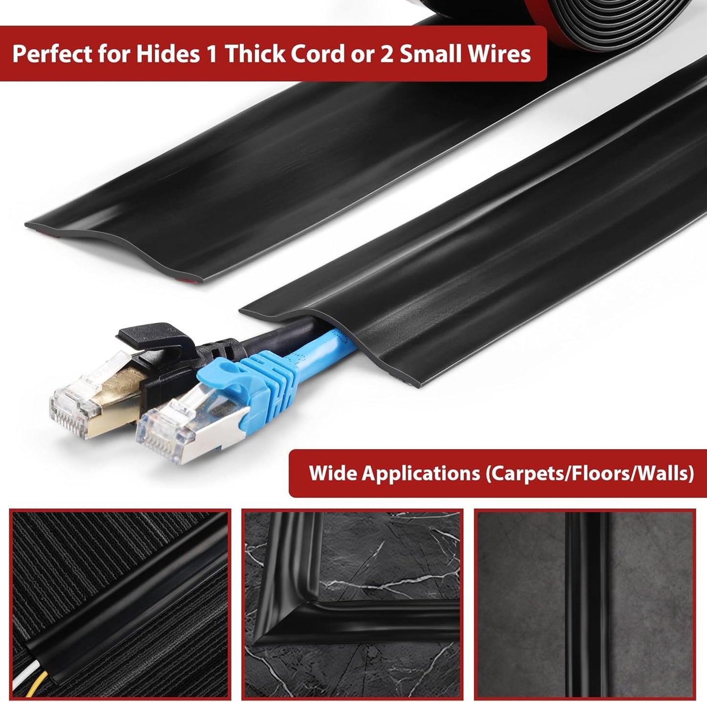 Soft PVC Cord Covers - 8.2ft Self-Adhesive Floor Cable Cover Cord Hider, Gray