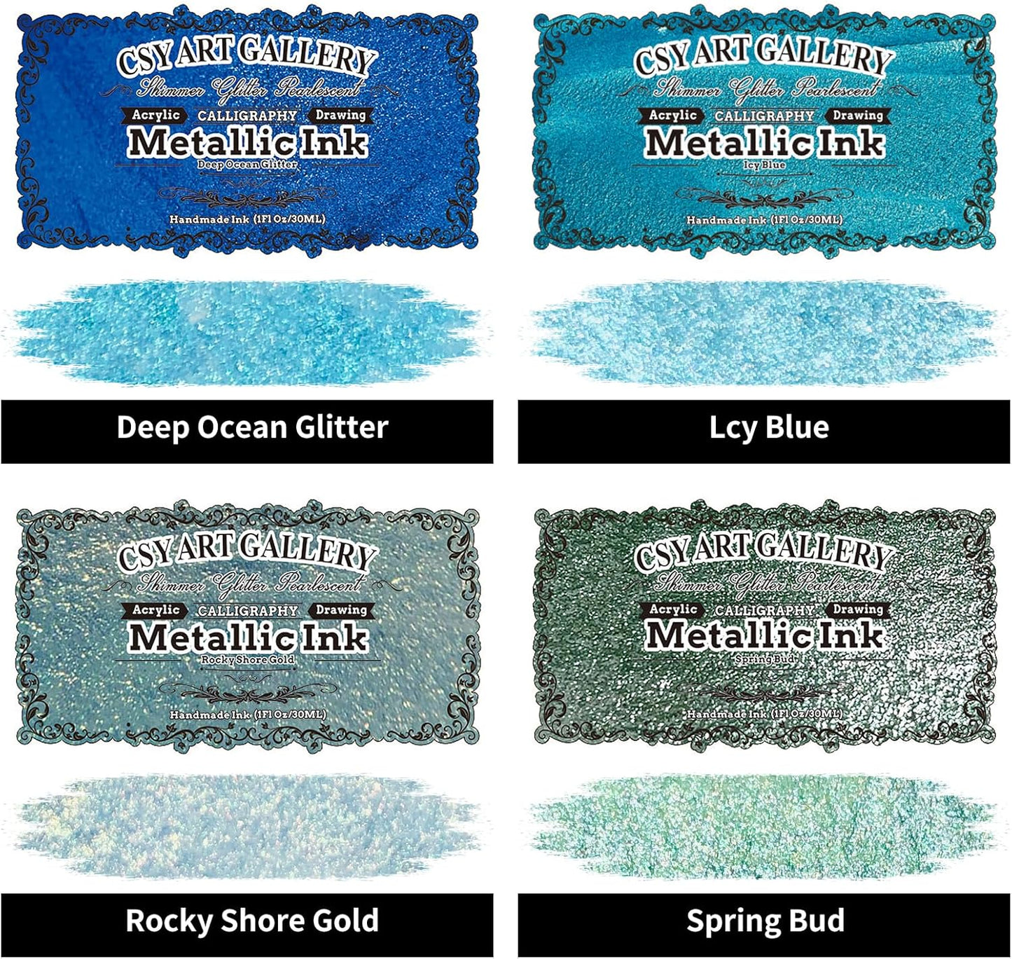 CSY art gallery Metallic Acrylic-Calligraphy-Craft -Drawing Inks,Glitter -Pearlescent -ICY Blue Paint with Dropper, 1oz - 29.5 ml (Ice Lake Mountains Set)