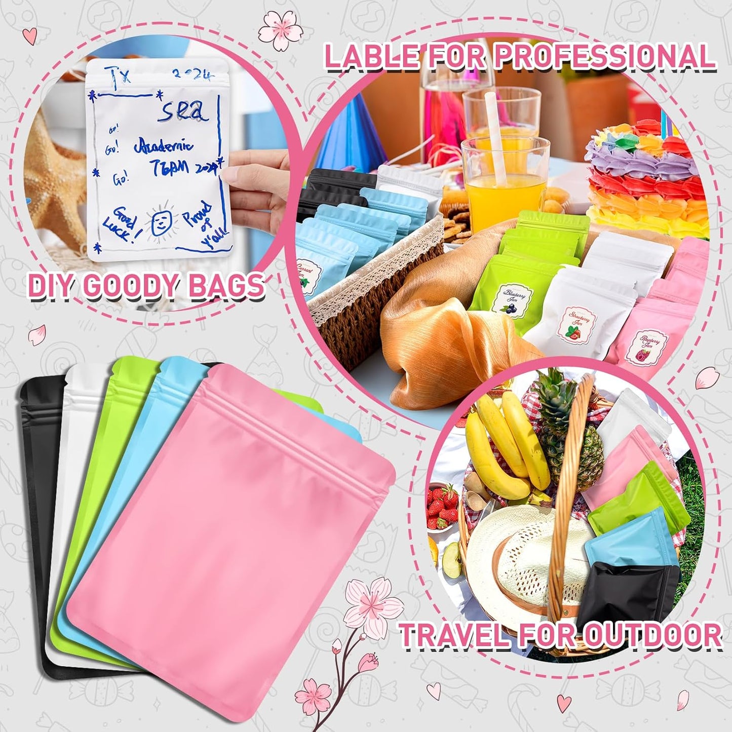Funfery 100 Pack White Mylar Packaging Bags Resealable Bags Double Sided Color Odor Proof Pouch Baggies Smell Proof Foil Bag for Food Storage,Small Business(White,3x4inch)