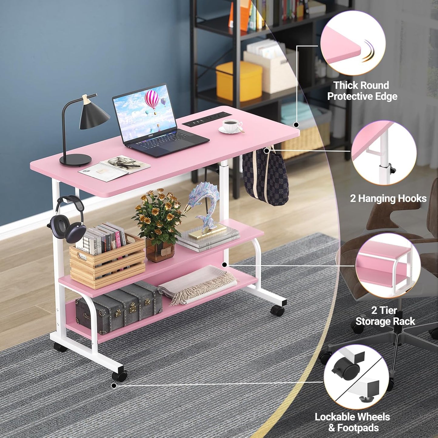 Armocity Height Adjustable Standing Desk with Power Outlets, 32" Manual Stand Up Desk with Storage Shelves Small Mobile Rolling Computer Desk Portable Laptop Table with Wheels for Home Office, Pink