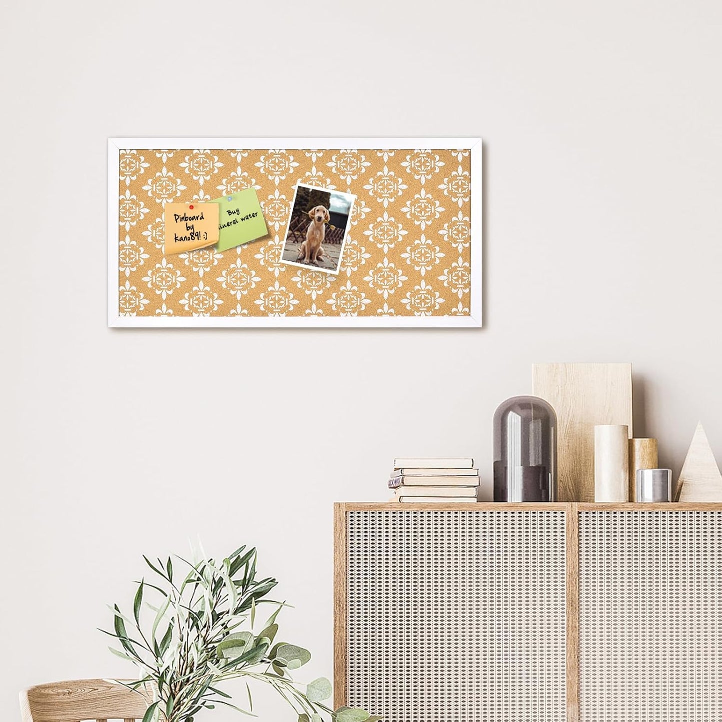 Decorative Cork Board for Walls, Bulletin Board with White Floral Print, White Framed Pin Board Vision Board for Office School Bedroom and Dorm Room with Pins, Screws(3060,1pc)