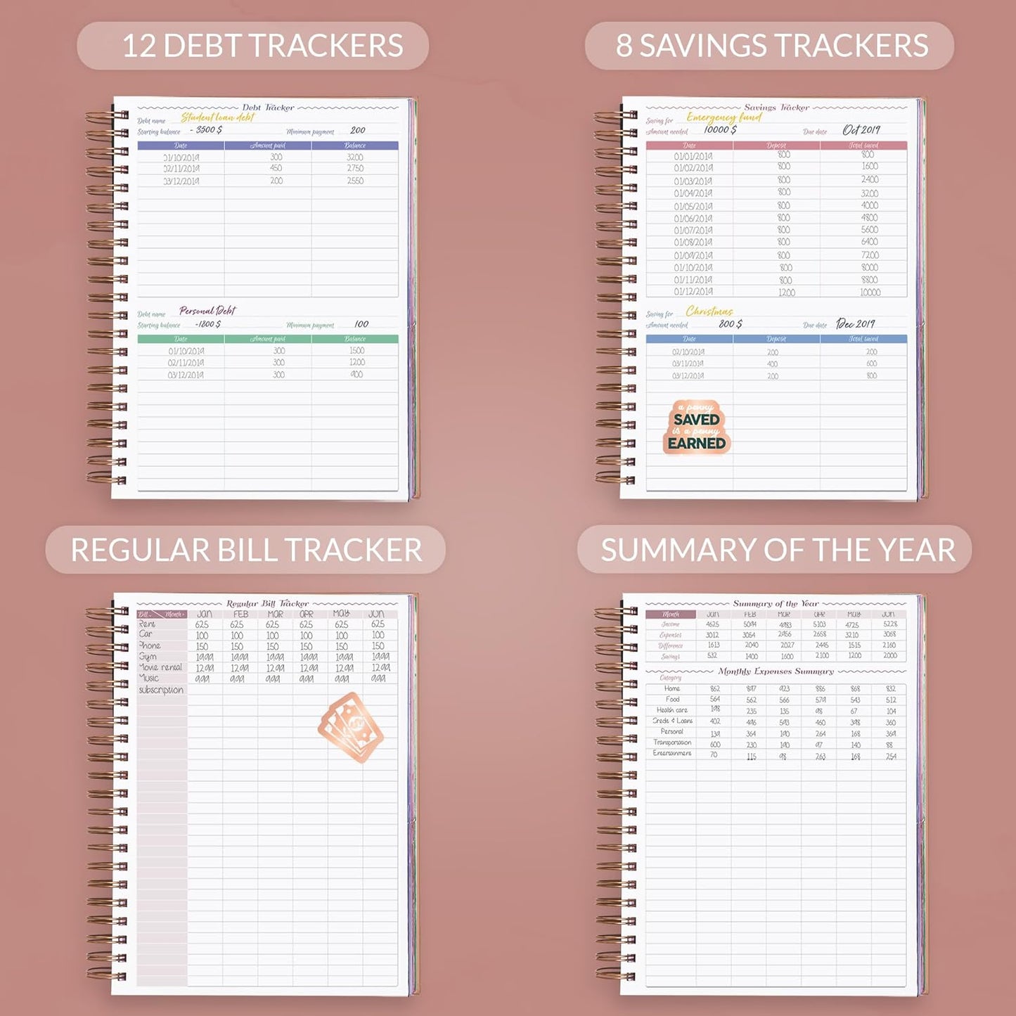 GoGirl Budget Planner & Monthly Bill Organizer – Monthly Financial Book with Pockets. Expense Tracker Notebook Journal, Large (Rose Gold)