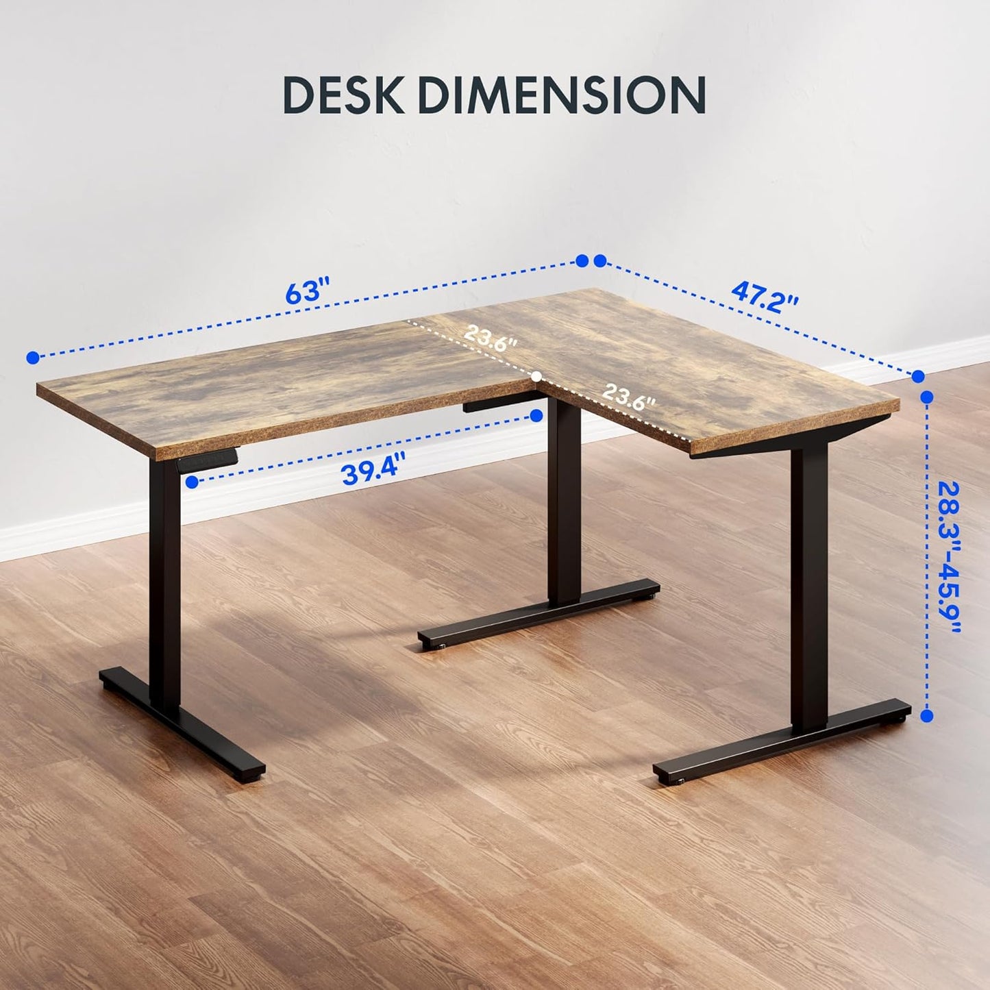 FLEXISPOT L Shaped Standing Desk, 63 x 47 Inch Electric Height Adjustable Corner Desk, Sit Stand Computer Workstation, Preset Controller, Home Office, Black Frame with Rustic Brown Top
