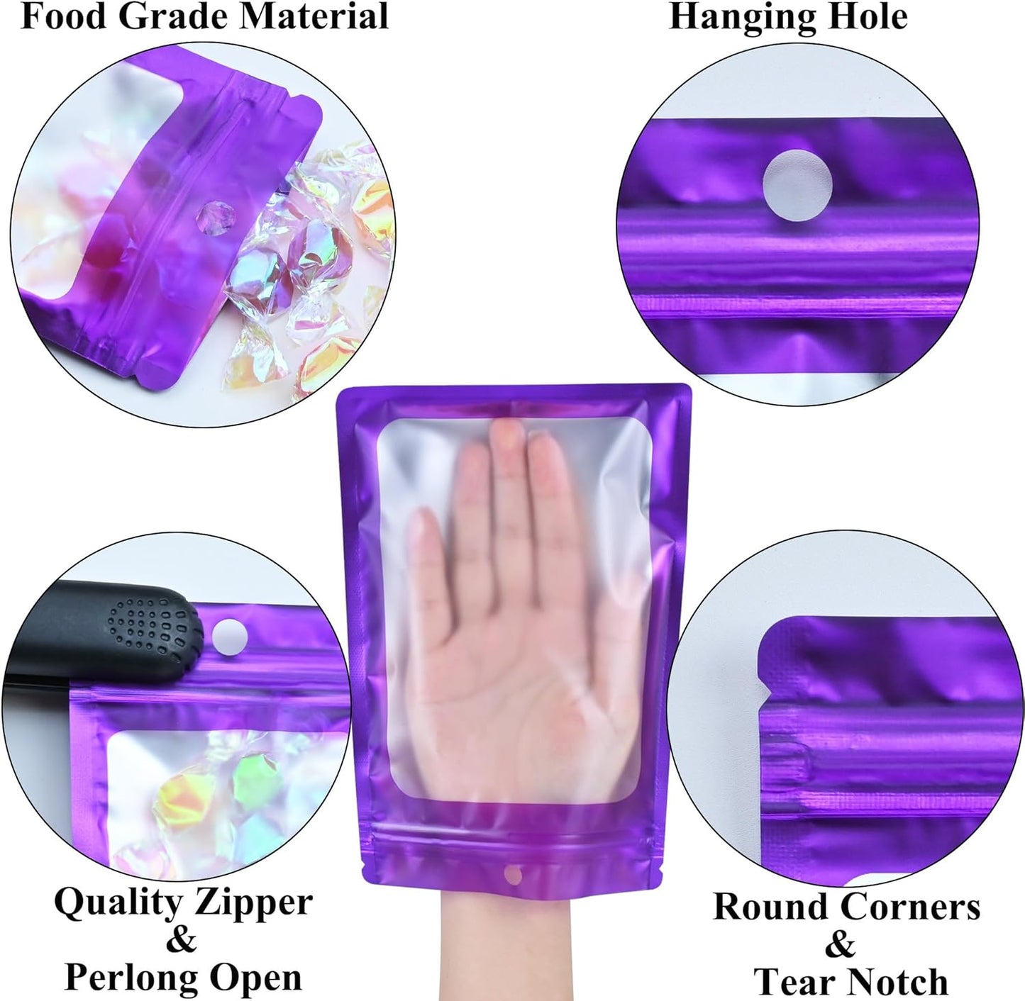 Resealable Mylar Pouch Bag Great for Office Home Party Favor Food Storage (100PCS, Purple Color, 3.5 x 6.3 inch)