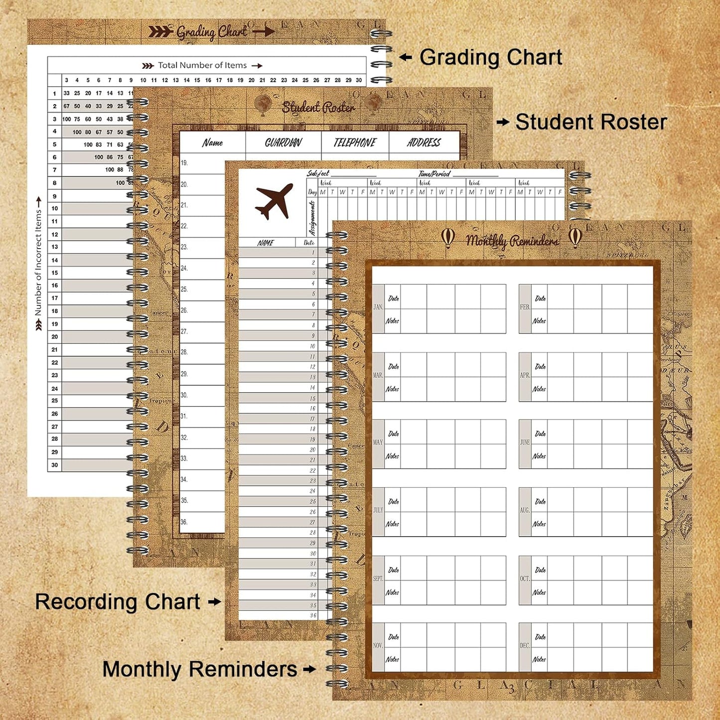 Faccito 8.3'' x 11'' Teacher Record Book 2025 Grade Book Undated Attendance Register Class Student Roster Monthly Reminder Grading Chart Gift for Elementary Classroom School Office(Map Style)