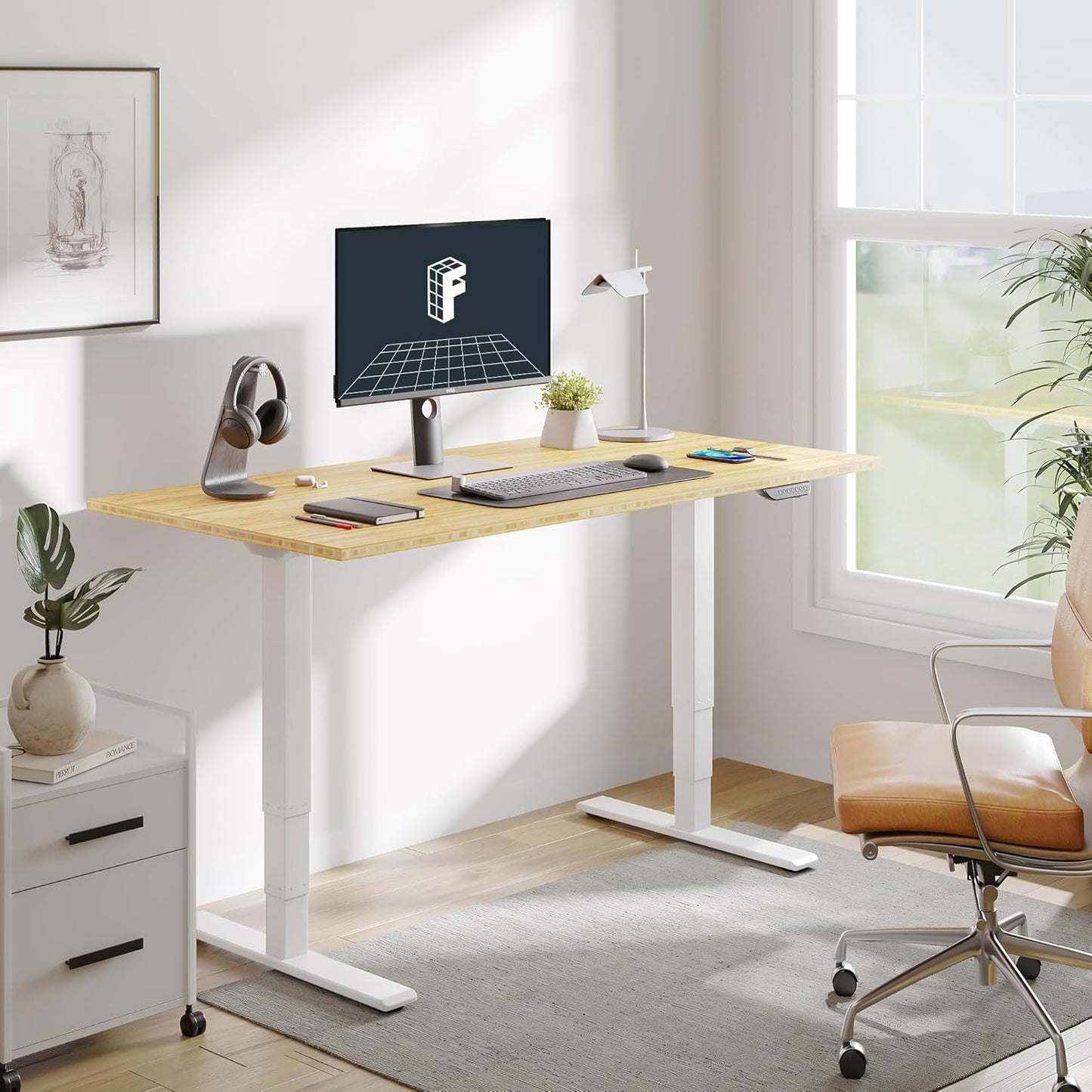 FLEXISPOT E6 MAX Bamboo Dual Motor 3 Stages Standing Desk 60x30 Inch Whole-Piece Board Electric Height Adjustable Stand Up Desk 150KG Load Capacity(White Frame + Bamboo Desktop)