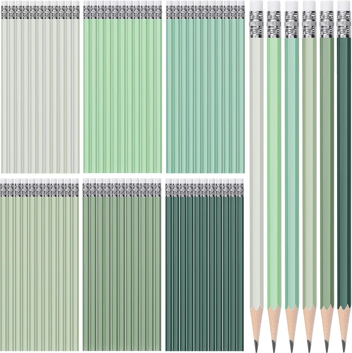 TecUnite 60 Pcs HB Pencils #2 Unsharpened Wood Cased Pencils with Eraser Hexagonal Pencil Cute Graphite No 2 Pen for Adults Gifts Exam School Office Sketching Learning(Green Series, White)