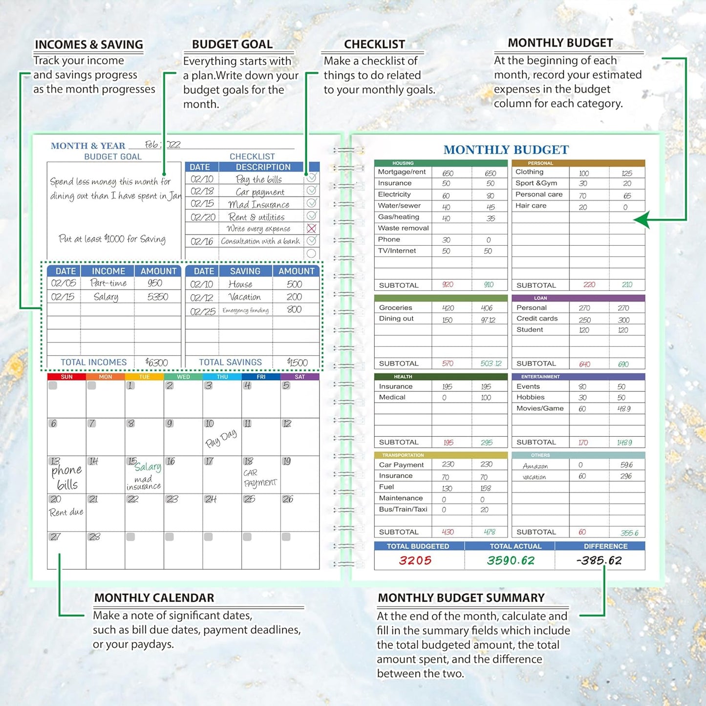 Budget Planner - Monthly Finance Organizer with Expense Tracker Notebook to Manage Your Money Effectively, Undated Finance Planner/Account Book, Start Anytimem,A5(8.6x5.9 inchs),100gsm Paper - Green
