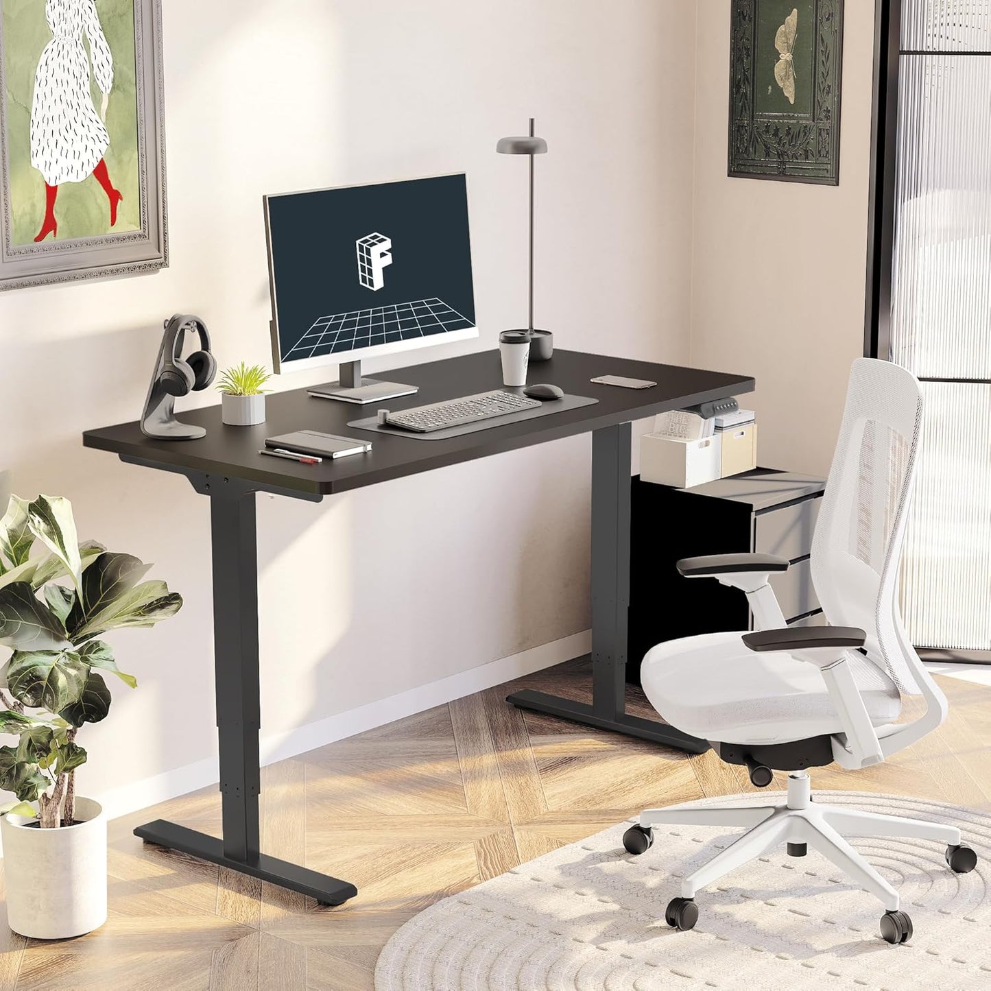 FLEXISPOT E6 Essential Standing Desk Dual Motor 3 Stages Whole-Piece Electric 55x28 Inch Height Adjustable Home Office Desk (Black Frame + Black Desktop, 2 Packages)