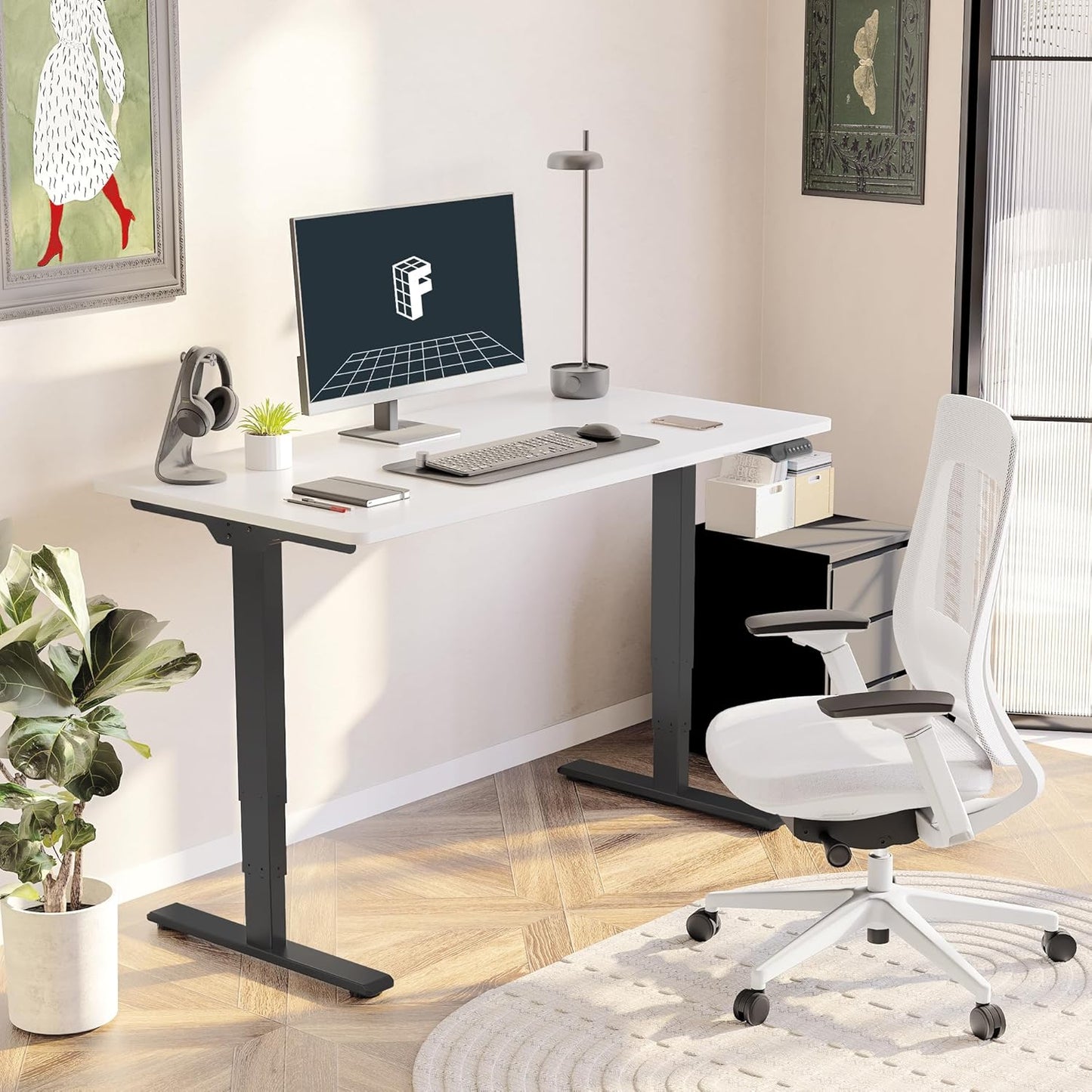 FLEXISPOT E6 Essential 3 Stages Dual Motor Electric Standing Desk 48x30 Inch Whole-Piece Board Height Adjustable Electric Sit Stand Desk(Black Frame + White Desktop, 2 Packages)