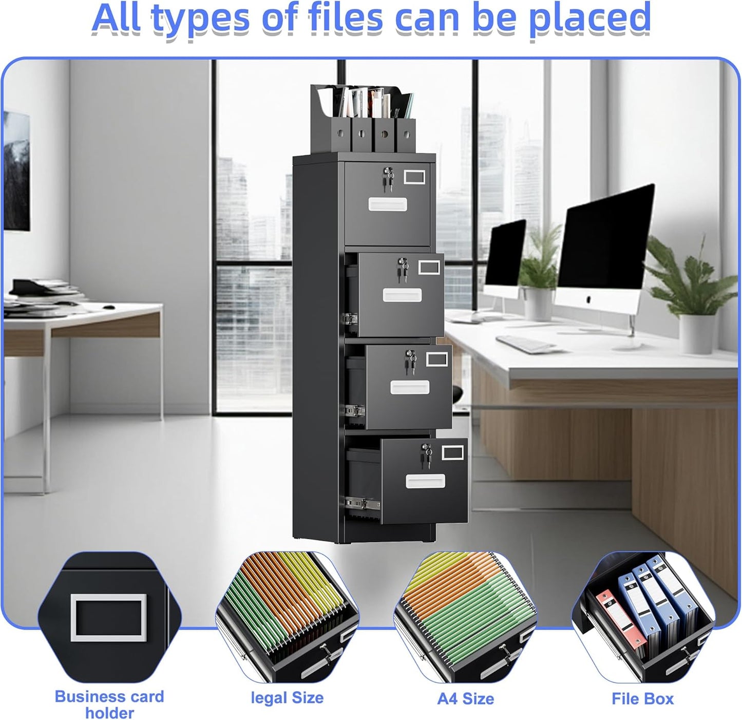 4 Drawer File Cabinet, Metal Vertical Black Filing Cabinets with Locks Name Card Holder for Home Office, Assembly Required