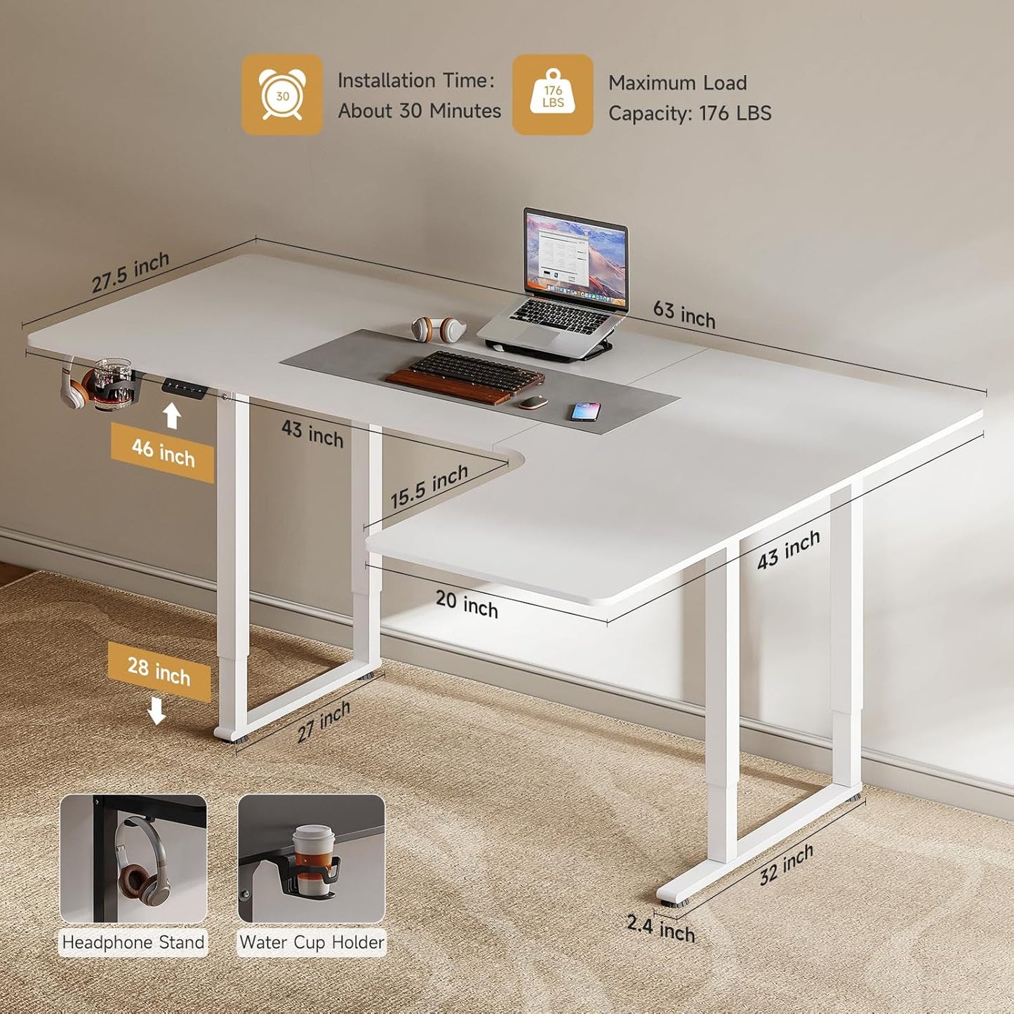 L Shaped Standing Desk, 63x43 Inches Electric L Stand Up Desk with 4 Legs, Dual Motor and Memory Controller, Adjustable Height from 28-46 Inches for Home and Computer Workstation, White