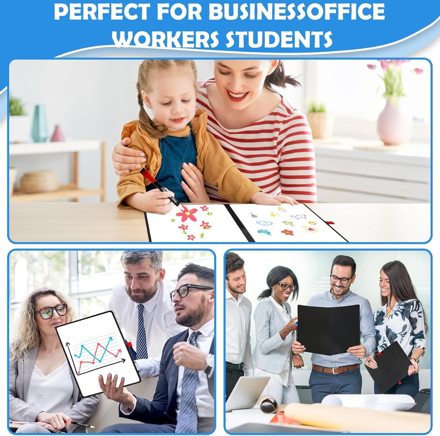 Double-Sided White Board 12x9 inch - Ultra-Thin 0.3" Portable Dry Erase Board with 3 Markers & Anti-Ghosting Surface | Magnetic-Ready | Foldable for Office, School, Travel, Homeschool (Black)
