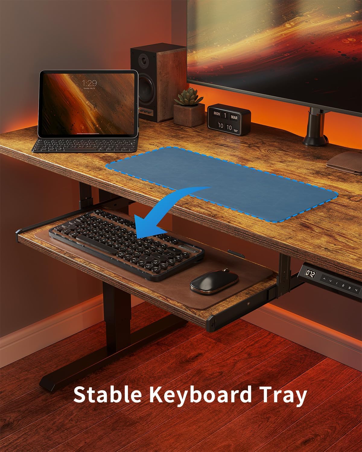 FEZIBO Standing Desk with Keyboard Tray, 55 x 24 Inch Adjustable Height Sit Stand Desk with Memory Presets for Home Office, Ergonomic Computer Workstation, Rustic Brown