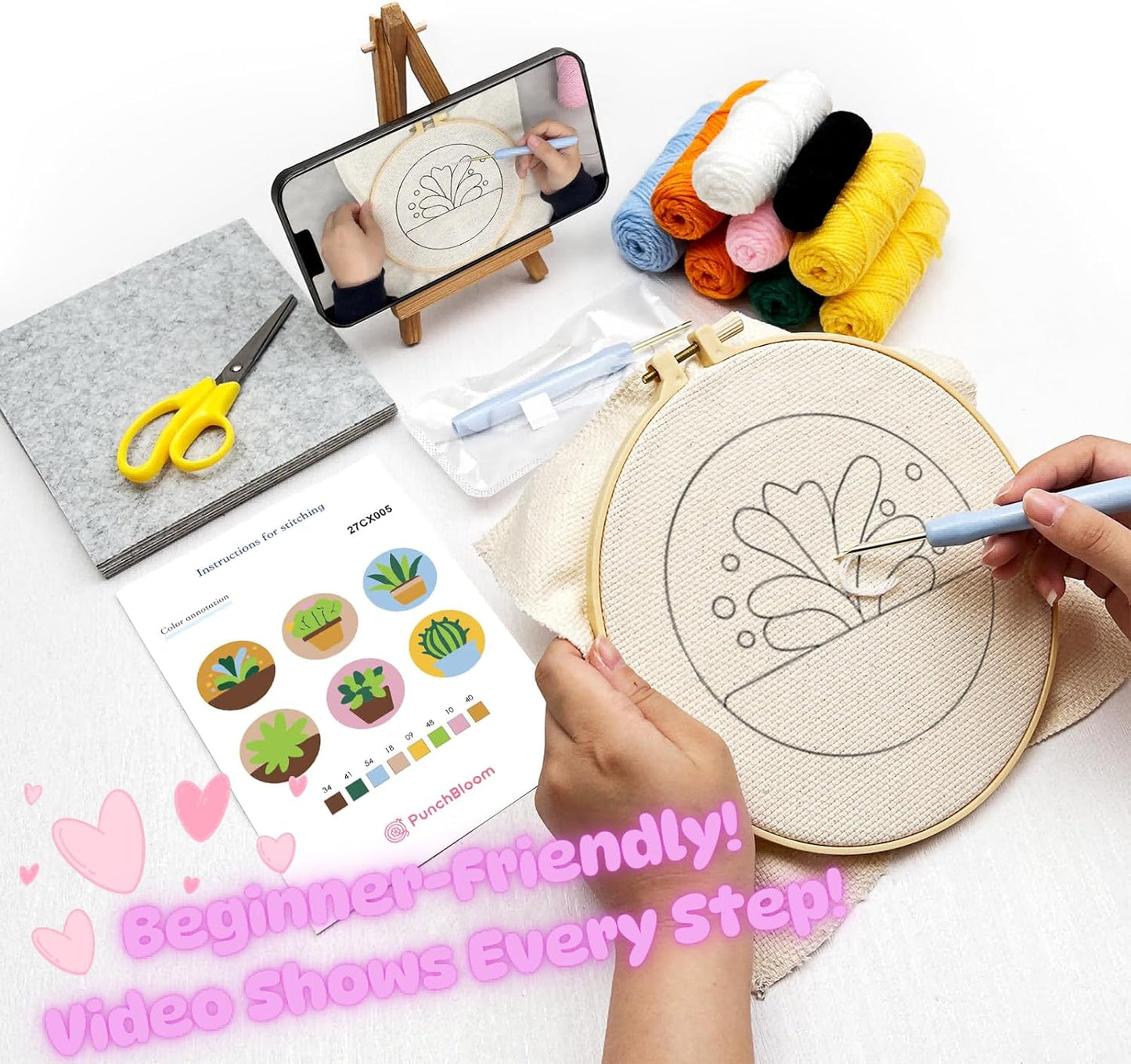 Punch Needle Kit for Adults Beginners, 6Pcs Succulent Plants Punch Coaster Starter Kit, Easy Embroidery Stitch Set with Instructions – Fun DIY Needle Point Craft for Table Decor & Festival Gifts