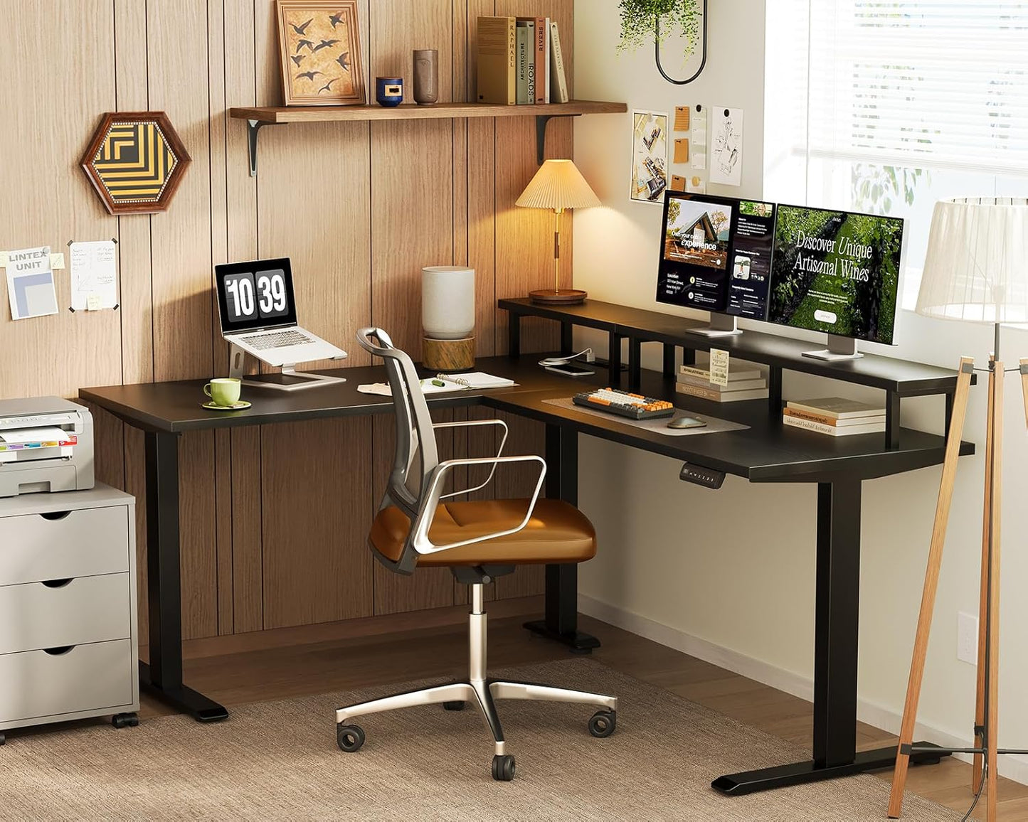 AODK Electric L Shaped Standing Desk with Monitor Stand, 59 Inch Height Adjustable Corner Desk with Power Outlets, Large Sit Stand Table, Reversible Computer Desk for Home, Office, Black