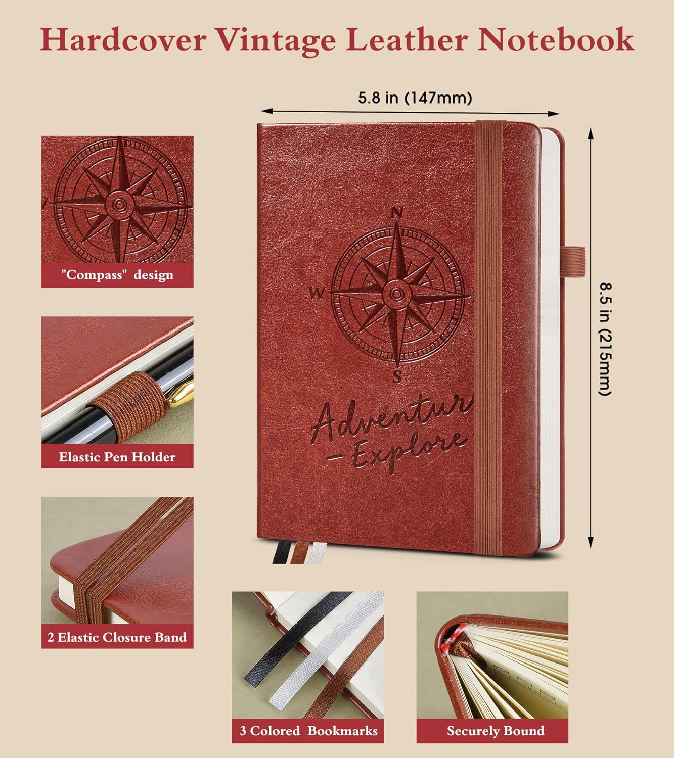 Graph Notebook for Women Men, 160 Pages Grid Paper, Graphing Notebooks for School, Work, Quad Ruled, Inner Pocket, A5 Hardcover Vintage Leather Journals for Writing, 5.8"x8.5" (Brown)