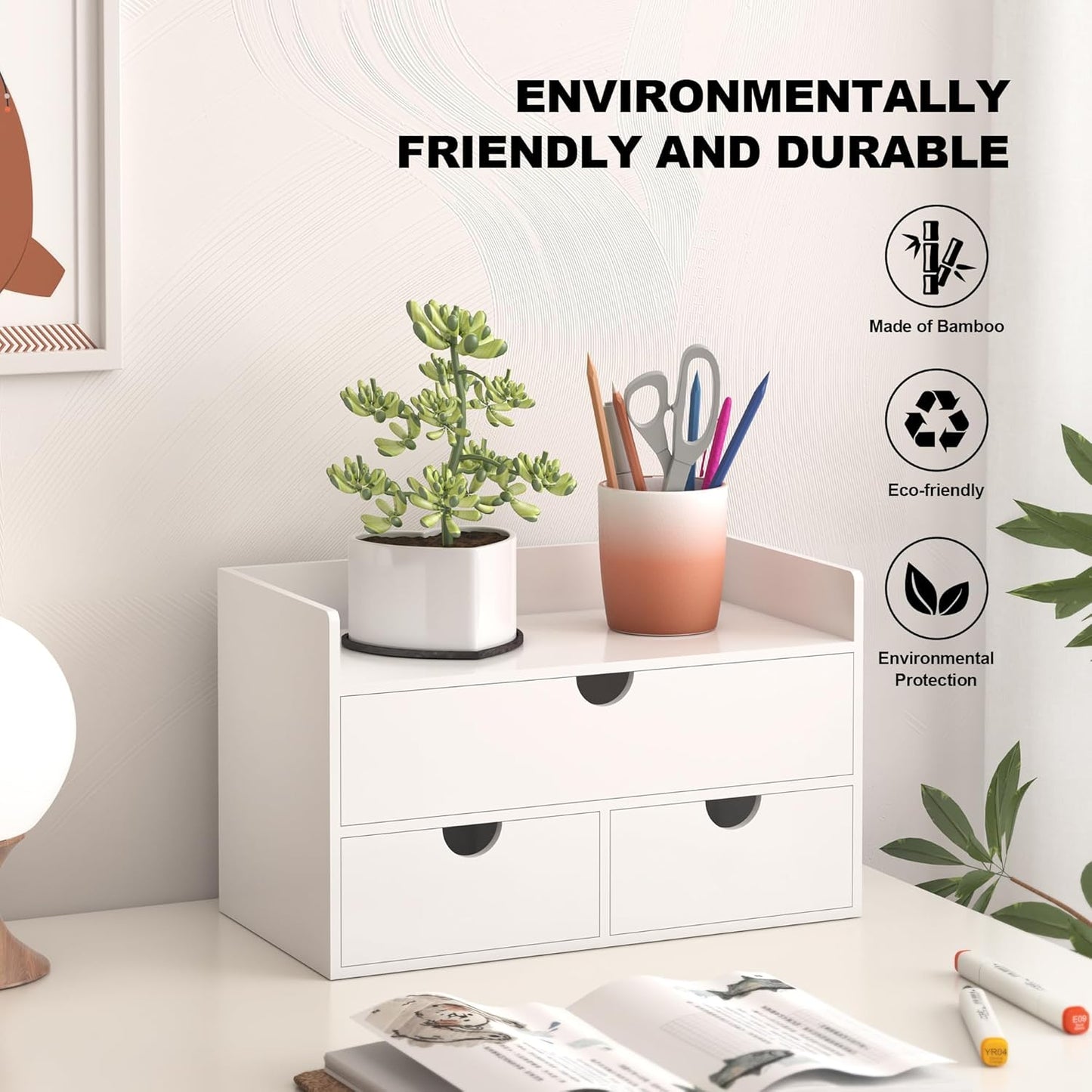 Wisuce Bamboo Desk Organizer - Mini Bamboo Desk Drawer Tabletop Cosmetic Storage Organization for Office or Home White with Shelf
