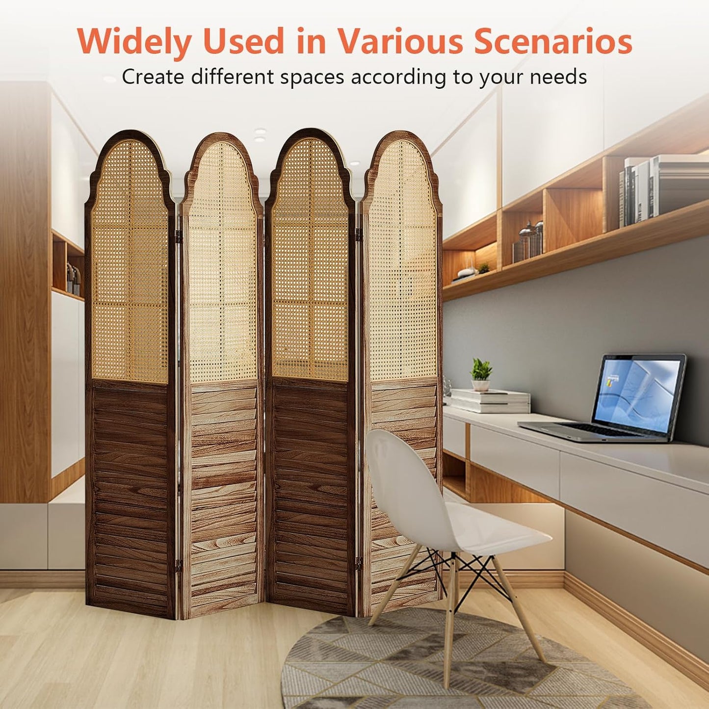 4 Panel Rattan Folding Screen Room Divider, Privacy Dividers for Rooms, Louvered Partition Dividers, Room Divider Panel for Bedroom, Dressing Room, Balcony, Dark Brown