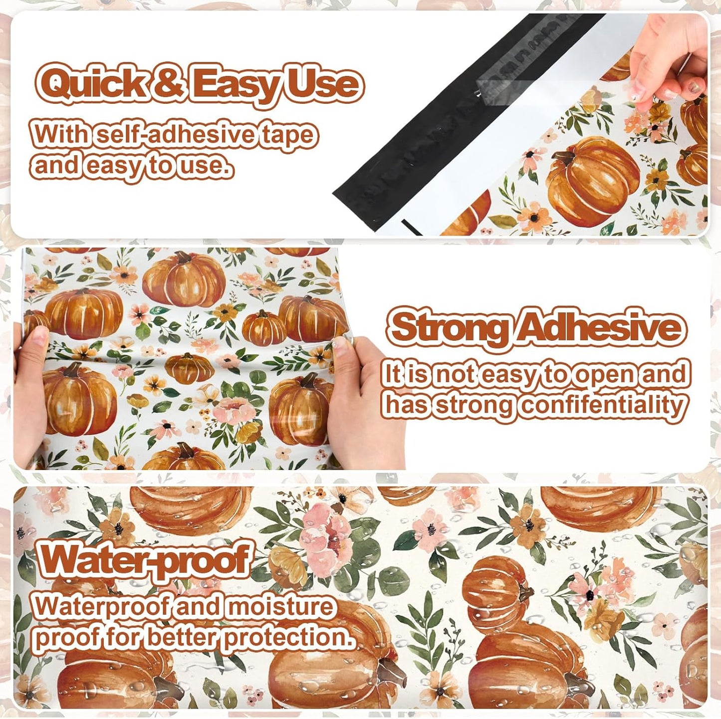 50Pcs Fall Poly Mailers 10 x 13 Inch Watercolor Floral Pumpkin Packaging Bags Autumn Self Seal Mailing Envelope Bags for Harvest Thanksgiving Small Business Clothing