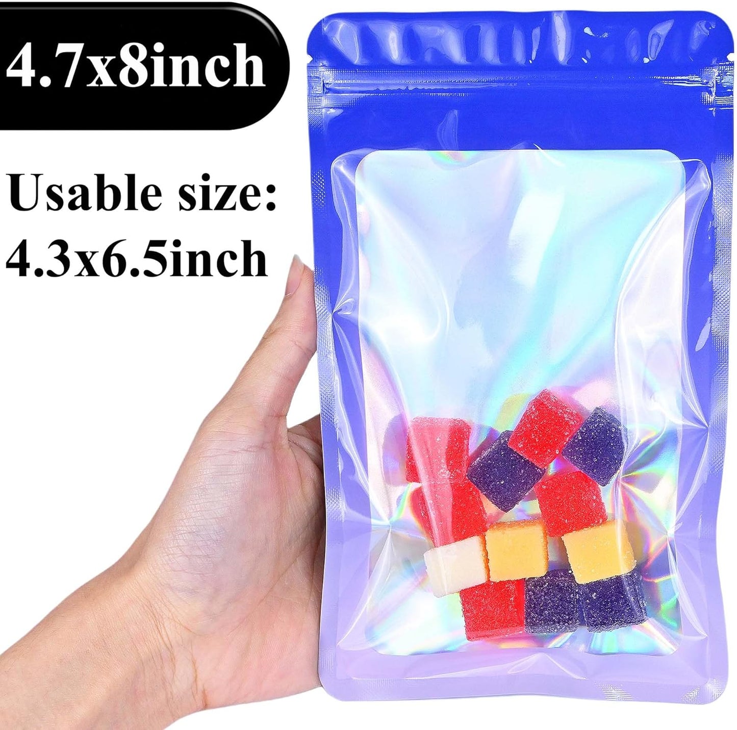 Resealable Mylar Pouch Pen Bags Great for Office Home Party Favor Food Storage Cookies Sample Jewelry Snack (100PCS, Purple and Blue Color, 4.7 x 8 inch)