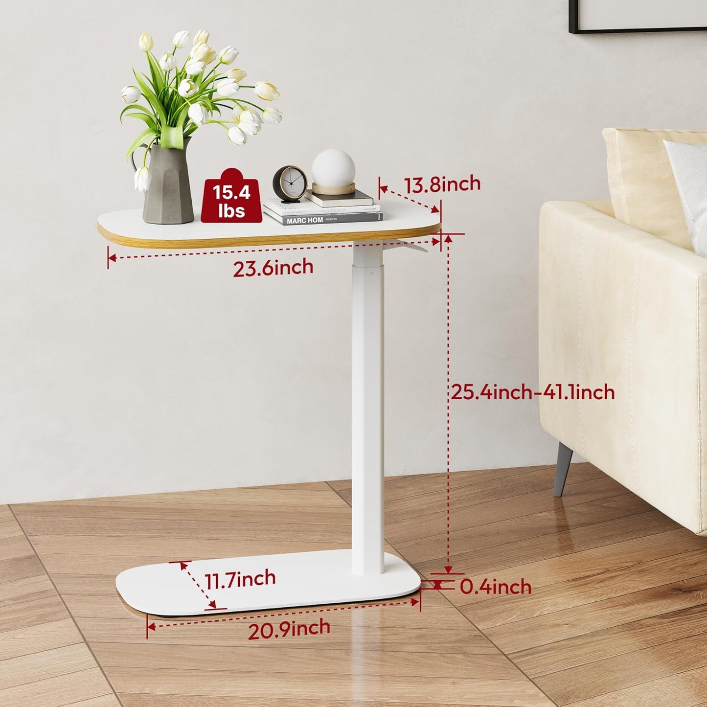 SANODESK Small Standing Desk Pneumatic Height Adjustable Small Sit Stand Desk Laptop Desk Overbed Table Computer Cart for Home Office Computer Workstations(23.6" W x 13.8" D,White+Maple Band)