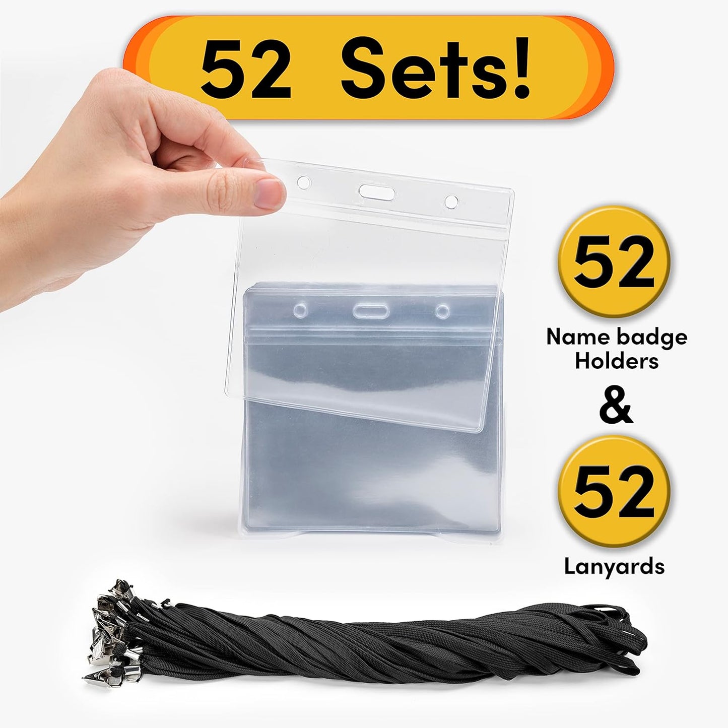 SEE-IT! 52 Sets Badge Holders with Lanyards Name Tag Holders and Lanyards 4x3 Size Quick Load No Zipper Name Tag Badge id Holders Clear Plastic (52)