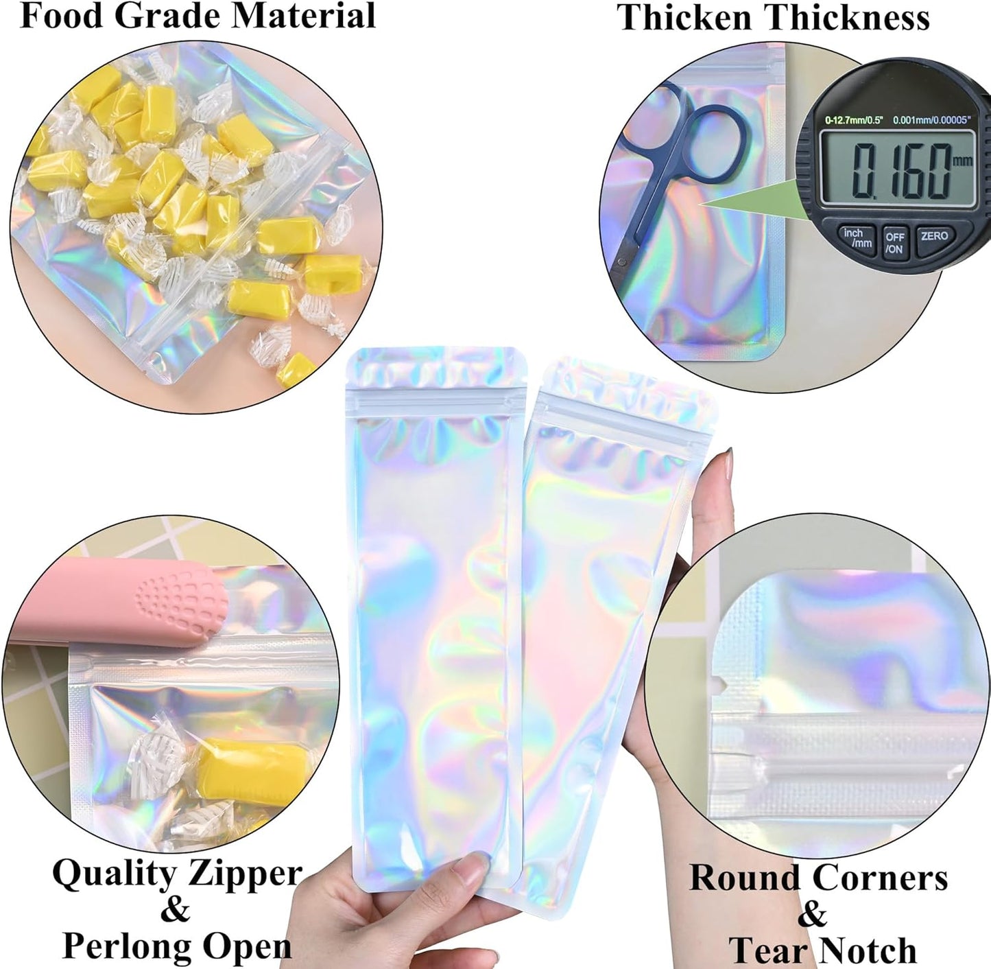 Resealable Mylar Pouch Pen Bags Great for Office Home Party Favor Food Storage Cookies Sample Jewelry Snack (100PCS, Holographic Color, 2.7 x 9 inch)