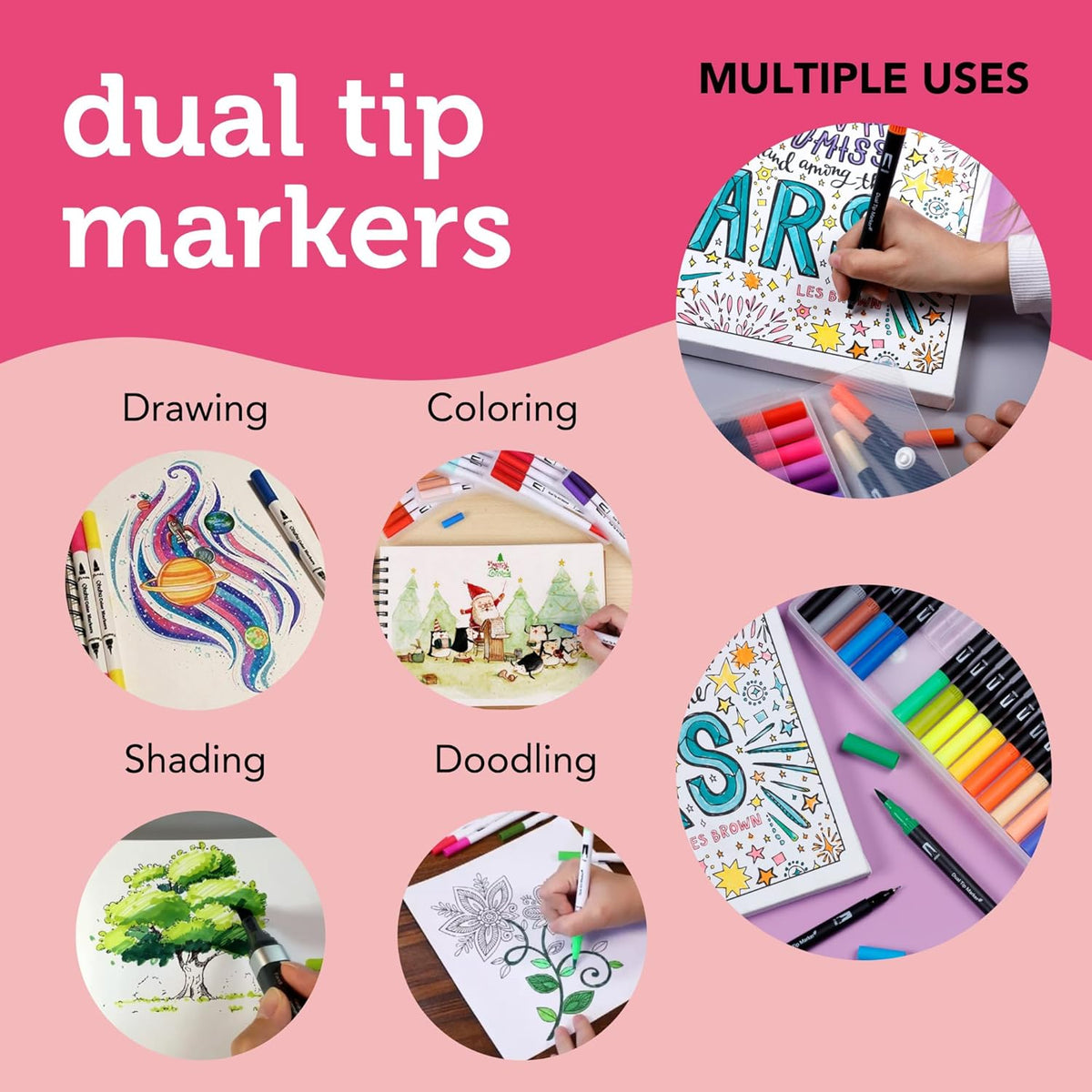 Incraftables Dual Tip Markers (24 Colors) – Adult Coloring, Brush Tip & Fine Tip Markers for Adult Coloring Books, No Bleed Dual Brush for Kids & Adults