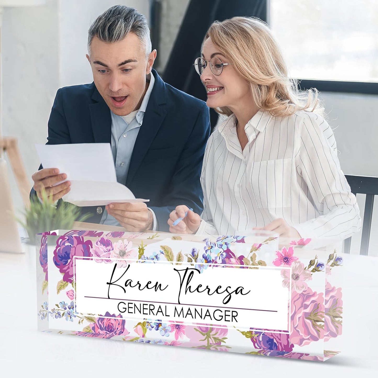 Custom Office Name Plate, Personalized Gifts for Women & Men, Appreciation Gifts for Employees, Boss, Teacher - Office Desk Accessory (Purple Hydrangea Flower)