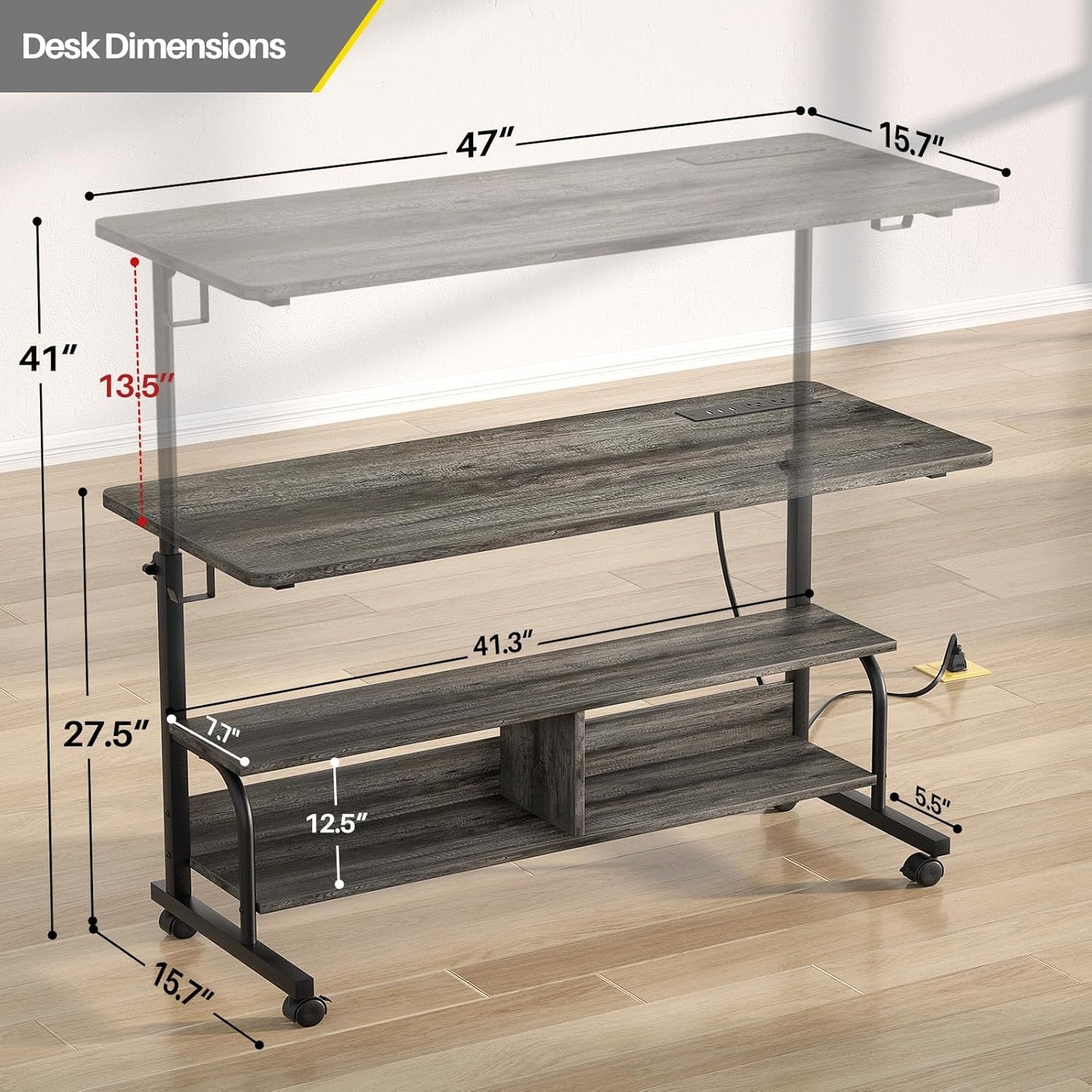 Height Adjustable Standing Desk with Power Outlets, 47" Manual Stand Up Desk with Storage Shelves Small Mobile Rolling Computer Desk Portable Laptop Table with Wheels for Home Office, Grey Oak