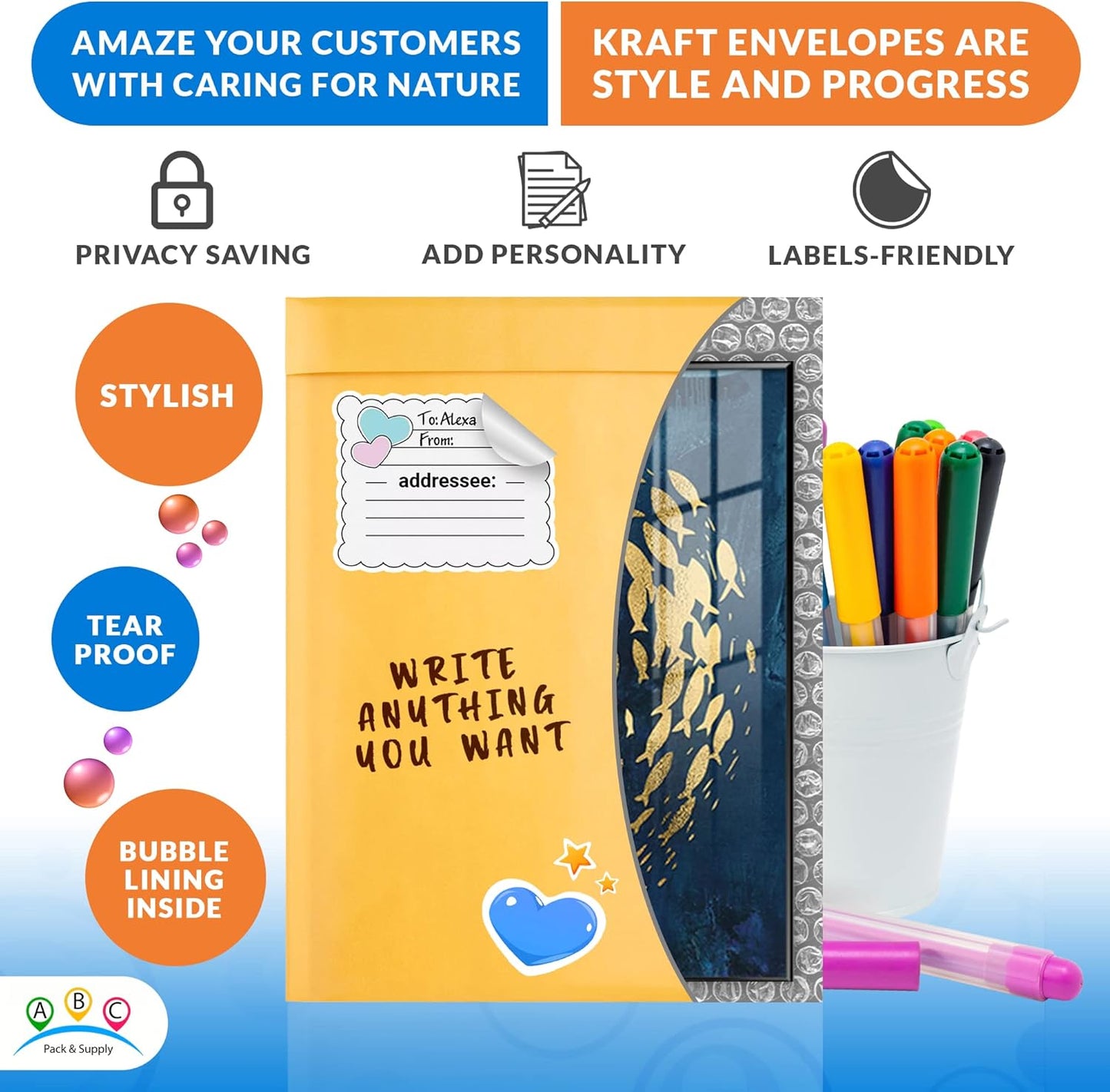 ABC PACK & SUPPLY Yellow Kraft Bubble Mailer Envelopes, 7.25 x 11 Inches. 10 Pack Mail Padded Envelopes Self Seal. Kraft Bubble Mailers. Tear-Resistant Mailing Envelope Padded. Sturdy Paper Mailer