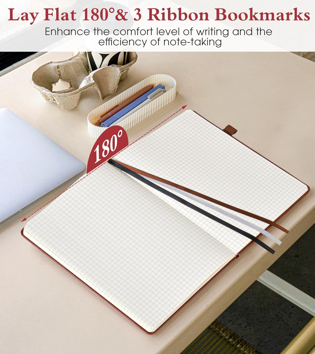 Graph Notebook for Women Men, 160 Pages Grid Paper, Graphing Notebooks for School, Work, Quad Ruled, Inner Pocket, A5 Hardcover Vintage Leather Journals for Writing, 5.8"x8.5" (Brown)