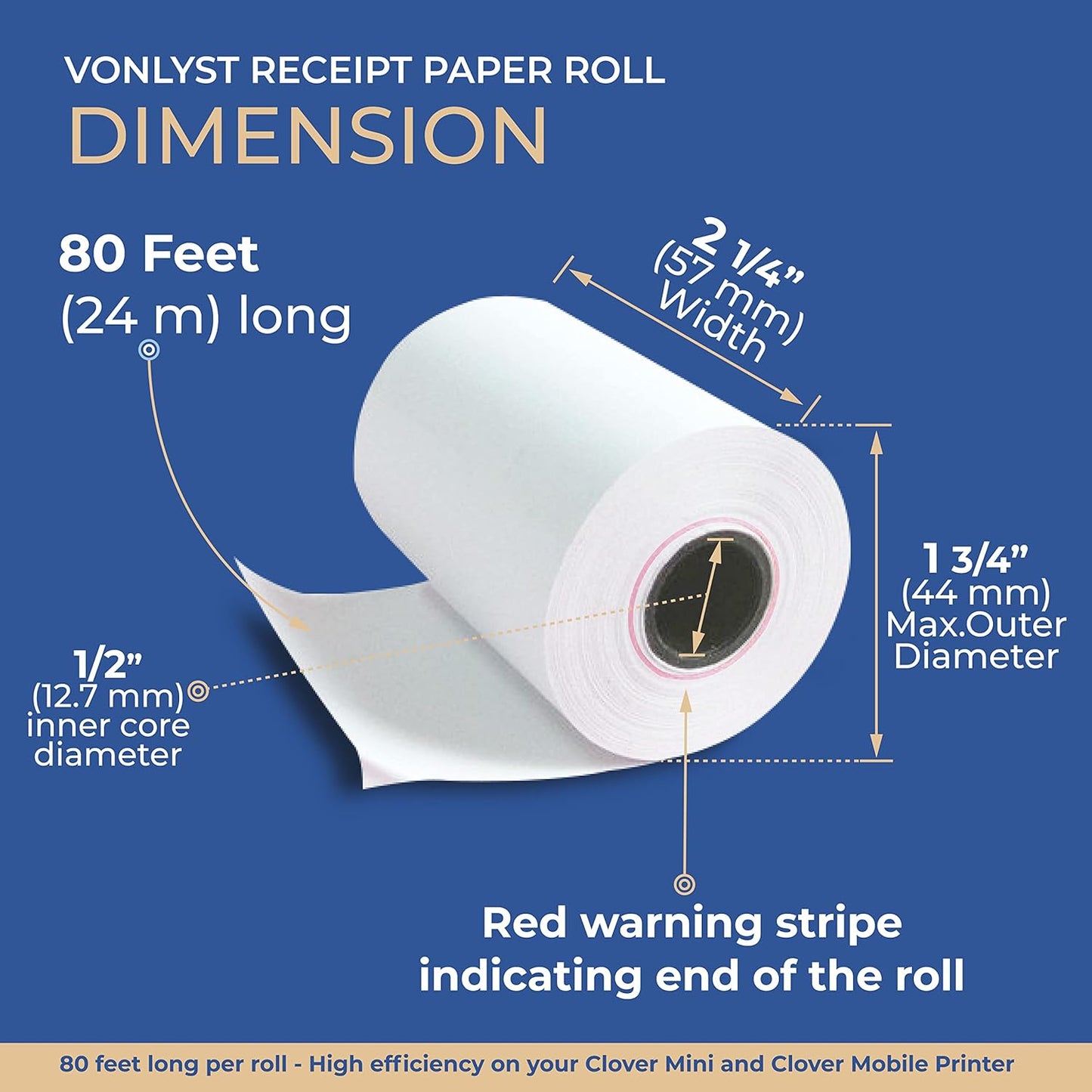 Receipt Paper for Clover Mini and Clover Mobile Thermal Printer 2 1/4 x 80 (50 rolls)