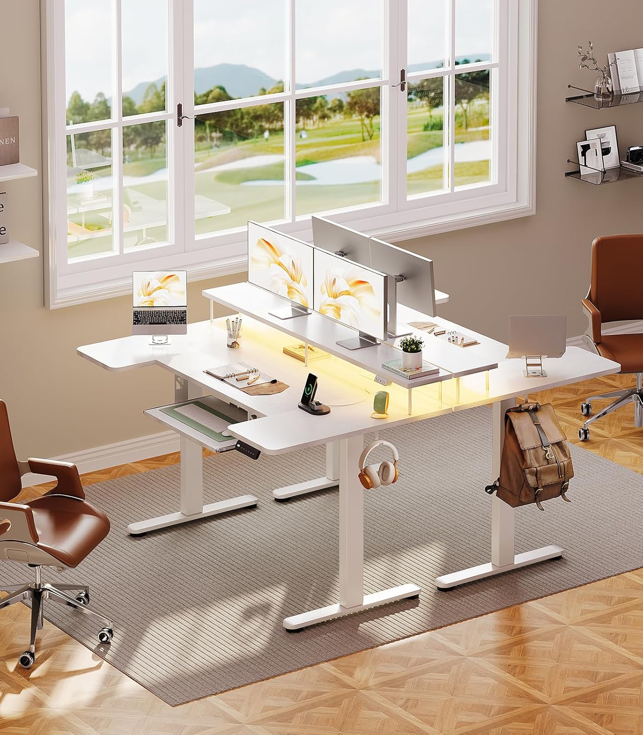 OffiGo U Shaped Electric Standing Desk with Keyboard Tray, 55 Inch Height Adjustable Desk with Power Outlets & LED Lights, Sit Stand Table with Monitor Stand for Home, Office, White