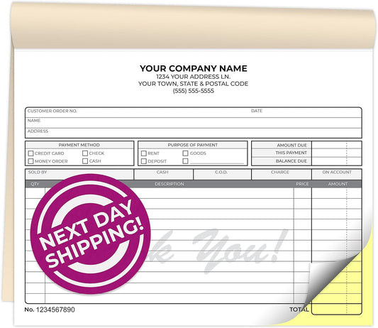 Custom 8.5" x 7" Carbonless NCR Books in 2-Part Duplicate Invoices, Receipts, Work Orders, Sales Orders, Purchase Orders, Estimates, Quote Forms with Your Company/Business Name (100 Sets)
