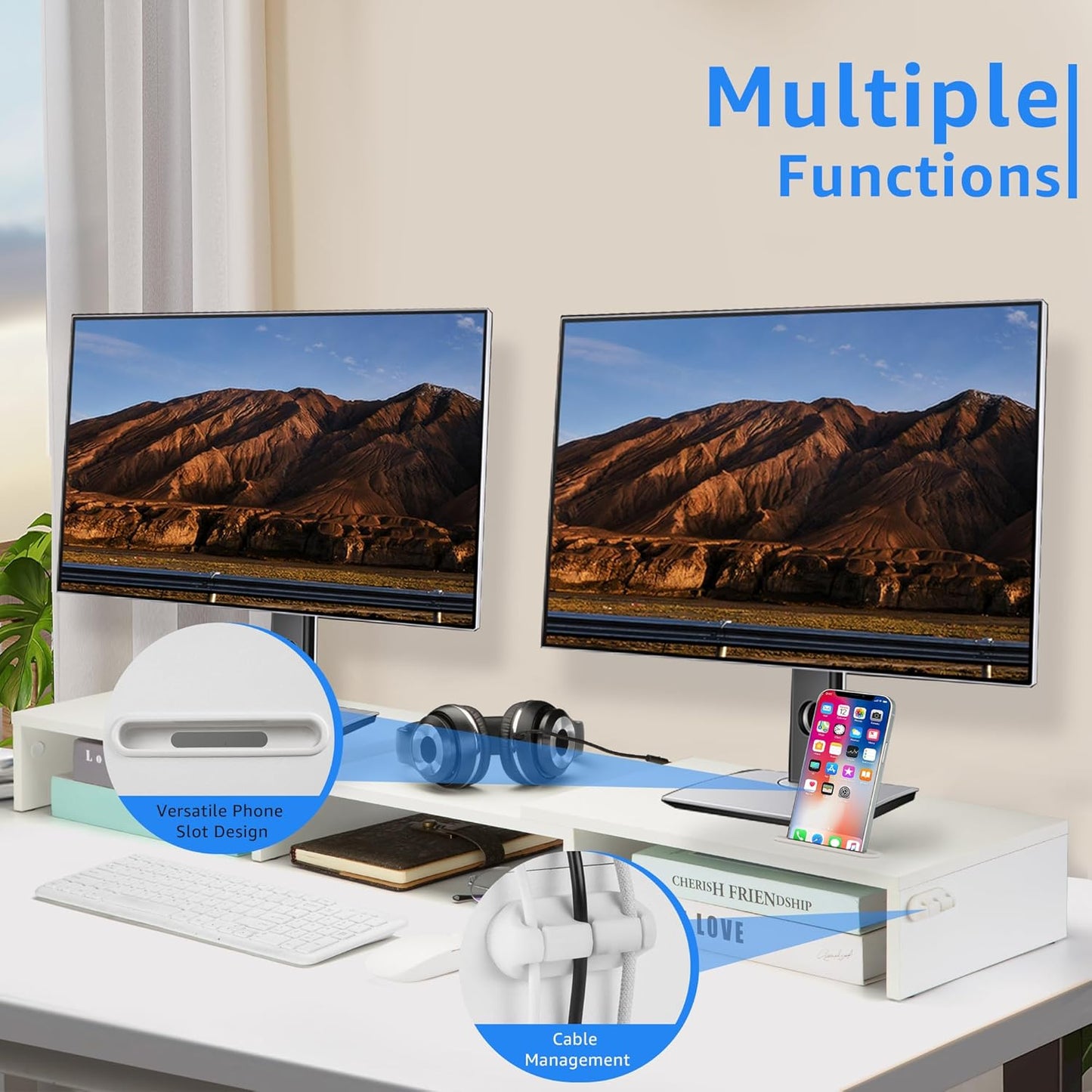 Dual Monitor Stand Riser for 2 Monitors, Monitor Stand for Desk, Adjustable Length & Swivel Angle Wooden Desktop Organizer Stand Riser with Smartphone Holder for PC Monitor Laptop, White