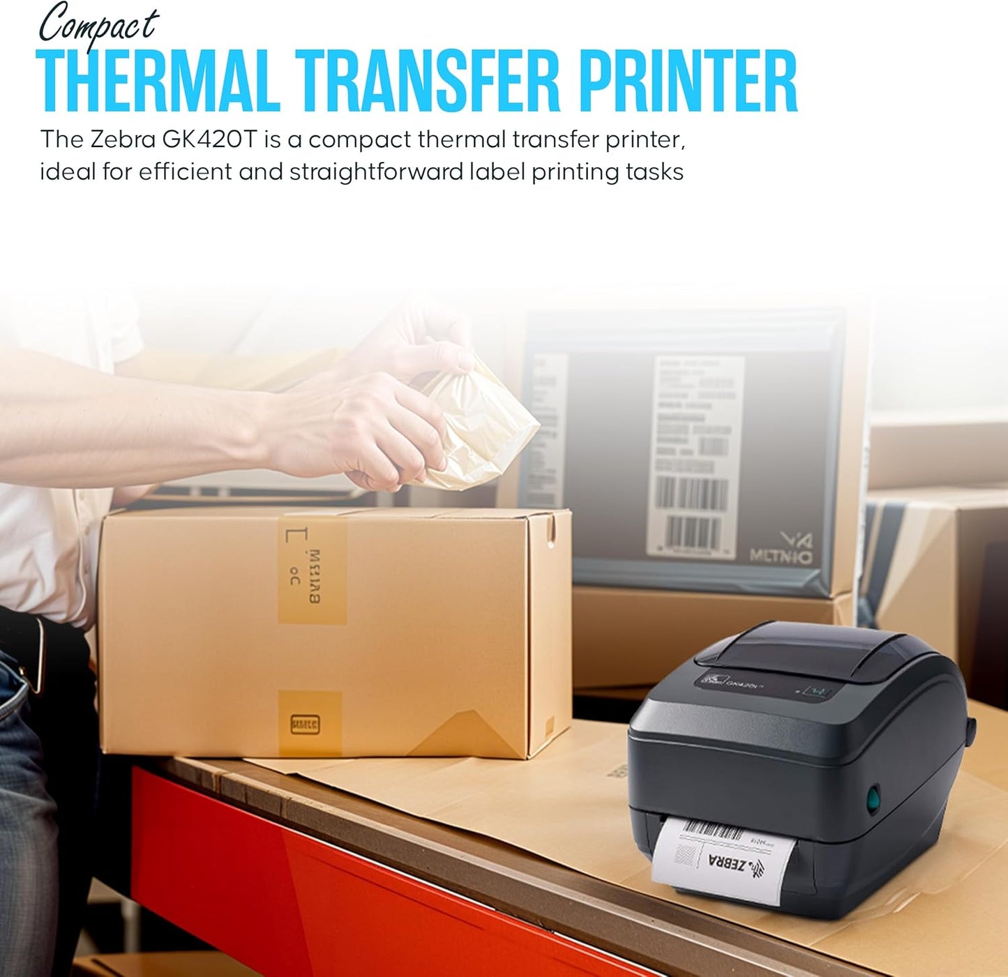 GK420T Zebra Thermal Transfer Monochrome Desktop Printer for Labels, Receipts, Barcodes, Tags, and Wrist Bands - with USB, Ethernet Port Connectivity & Microfiber Cleaning Cloth