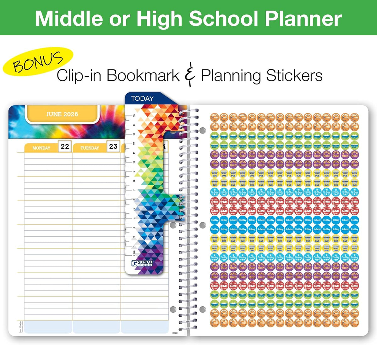 Global Datebooks Dated Middle School or High School Student Planner for Academic Year 2025-2026 Includes Ruler/Bookmark and Planning Stickers (Matrix Style - 8.5"x11" - Halftone Blue)