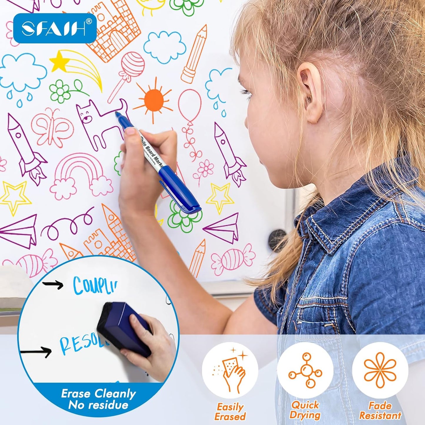 SFAIH Dry Erase Markers Fine tip 12 Colors, 24 Pack (2 Dozen) - Low Odor Whiteboard Markers for Office Teams, Study Groups, Home Schooling | 5 Sizes:12/24/48/72/144 Packs