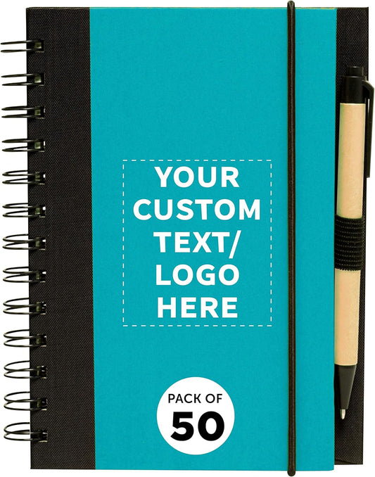 DISCOUNT PROMOS Custom Eco-Friendly Spiral Notebooks with Pens – Set of 50, Perfect for Mother’s Day Gift – Bulk Pack for School, Office, or Home – Black