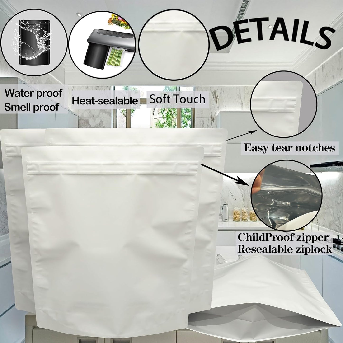 20 Pack Big Soft-Touch Mylar Bags, 14.6 x 16.4 inchs Premium Smell Proof Bag with Double-sided Matte White ，Resealable Food Storage Aluminum Foil Stand-up Packaging Bags. (1 LB / 1 Pound)