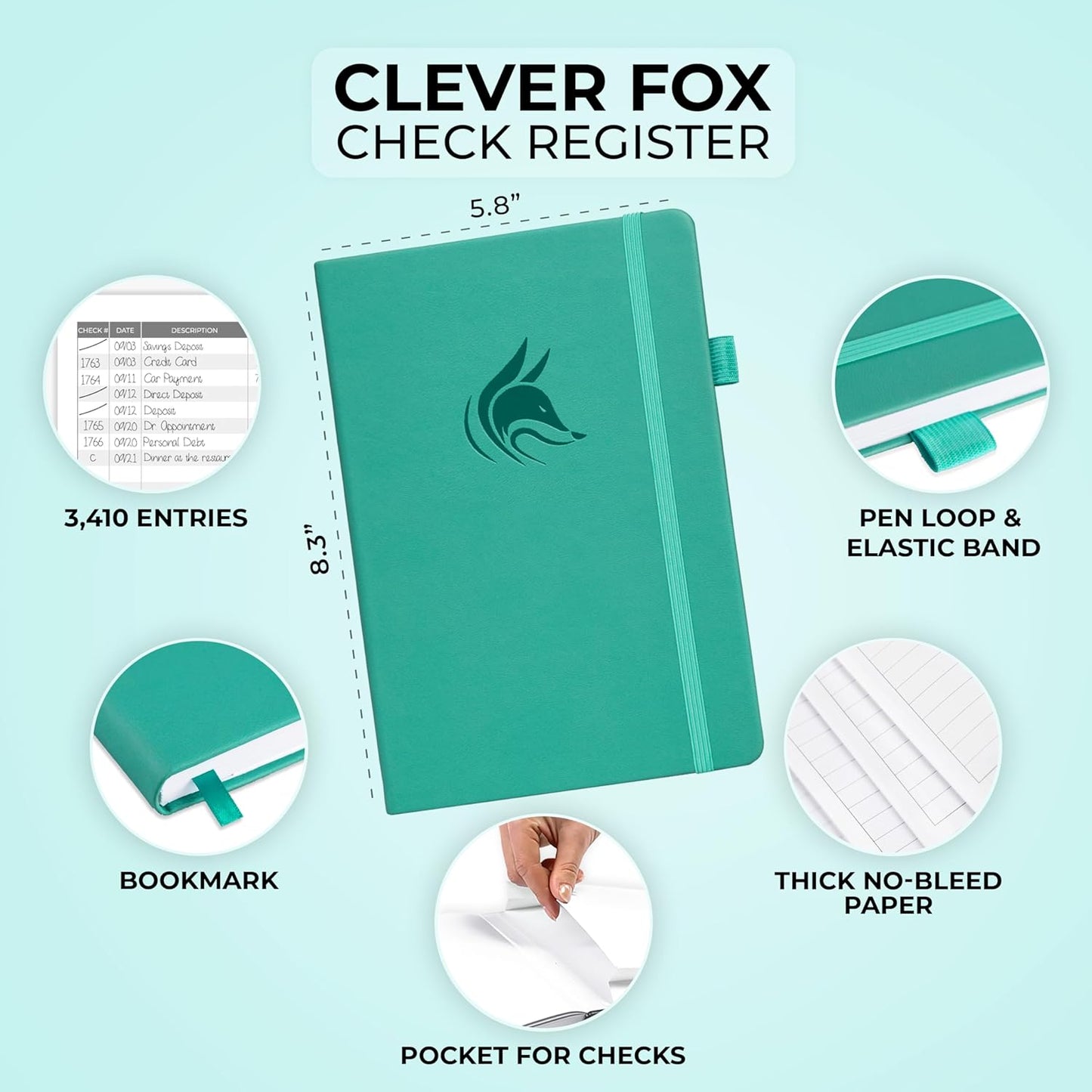 Clever Fox Check Register Book - Deluxe Transaction Register, Accounting Ledger Book, Checkbook Register & Checking Account Register Book for Personal and Work Use, A5 Hardcover - Turquoise